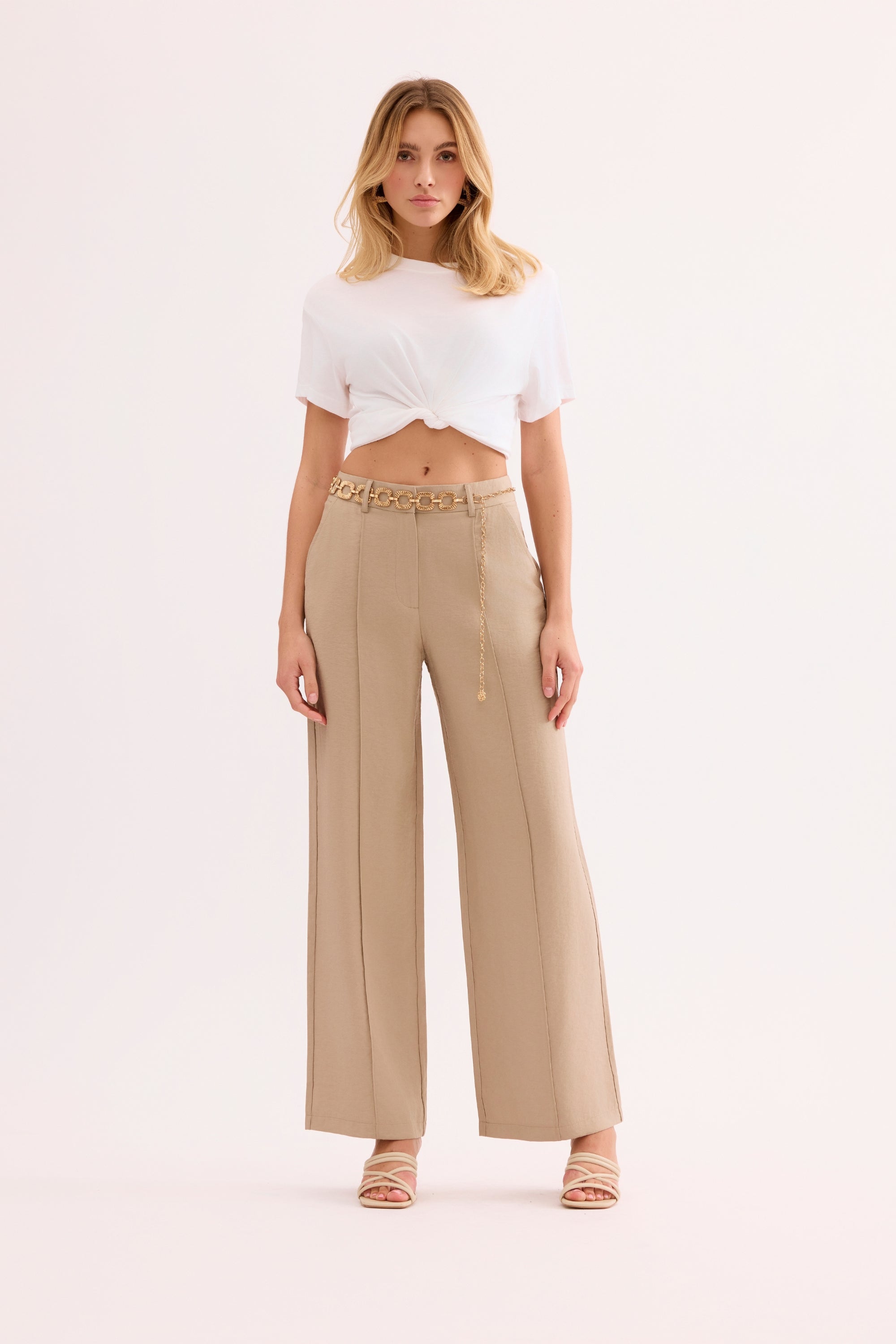 Pantalon large taille haute beige