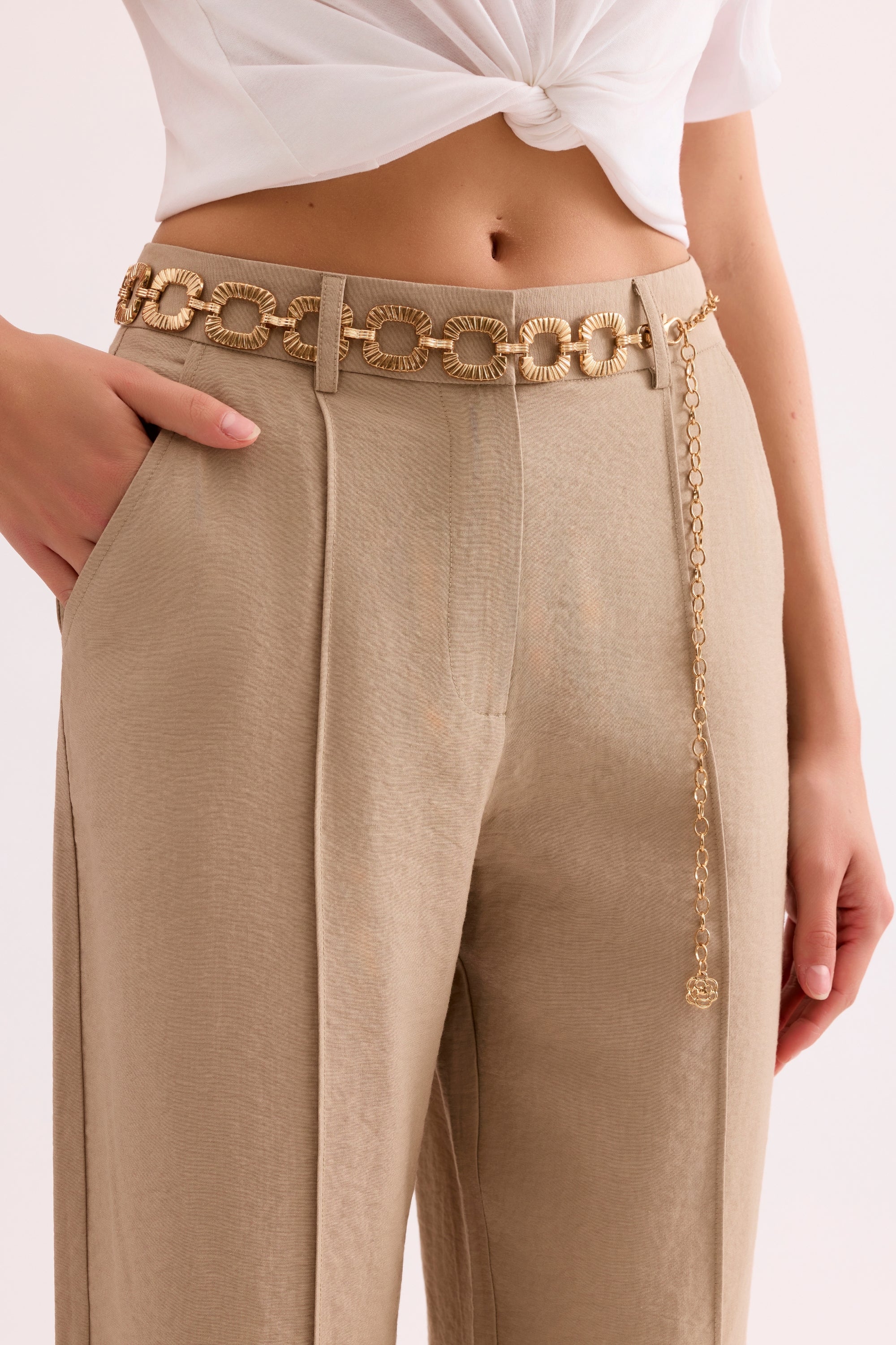 Pantalon large taille haute beige