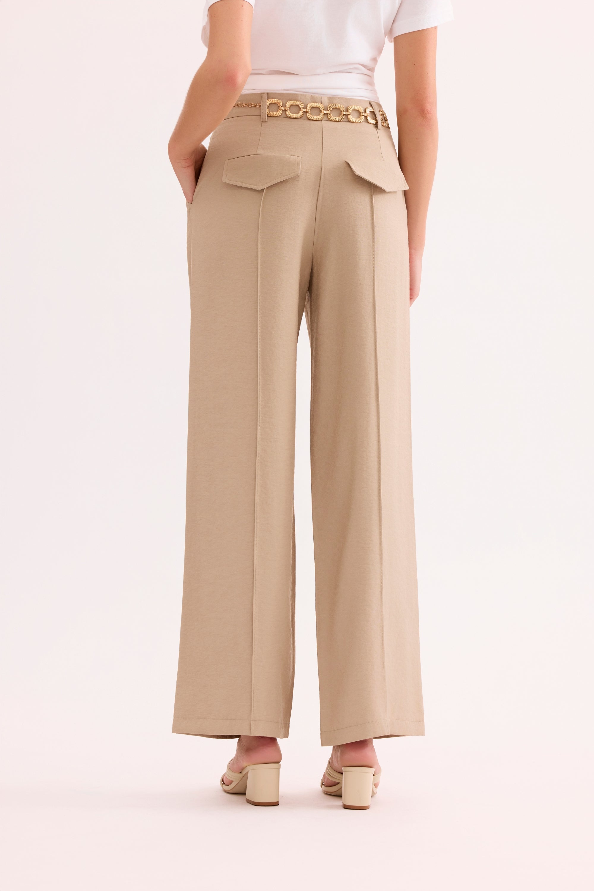 Pantalon large taille haute beige