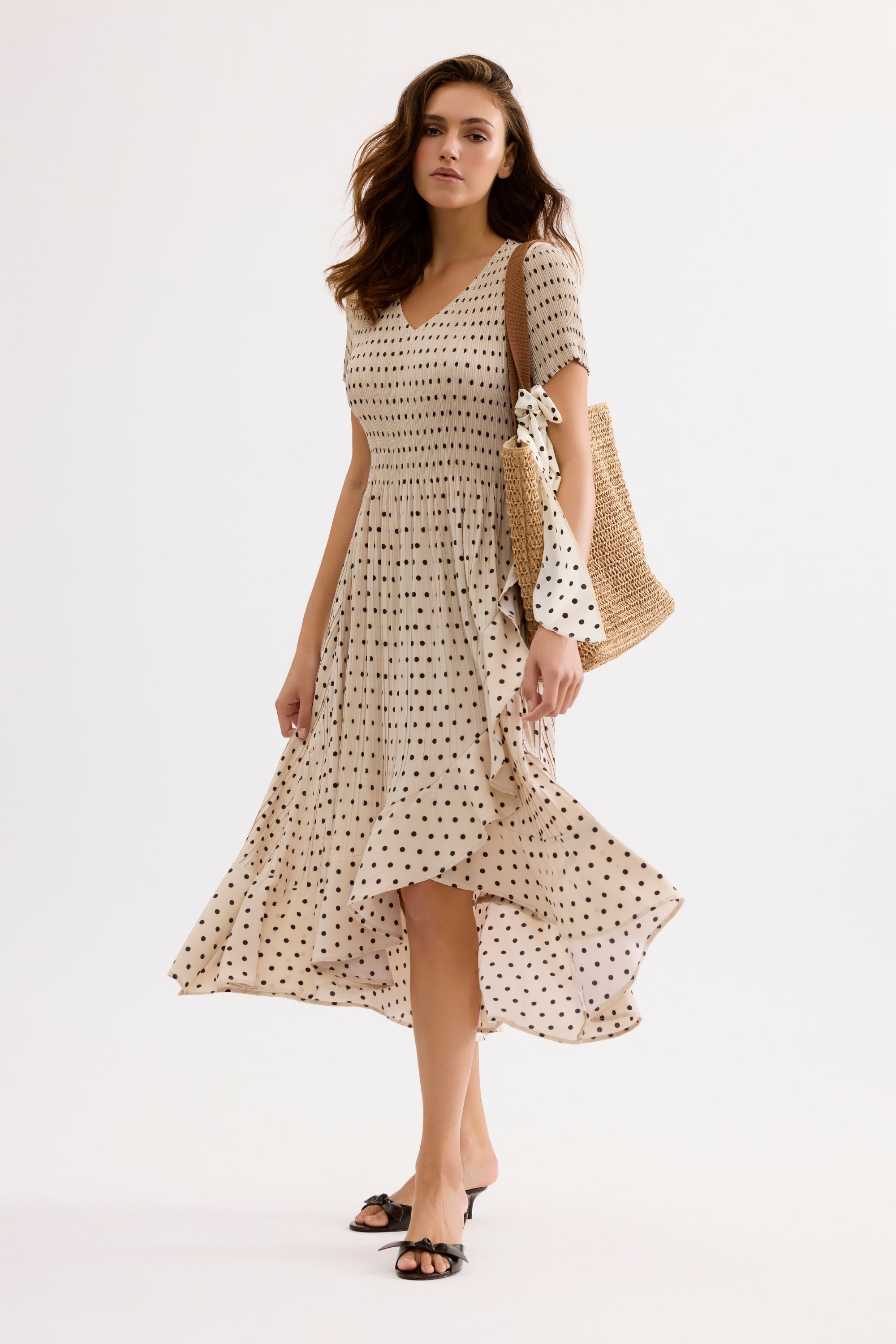 Robe midi fluide imprimé pois beige