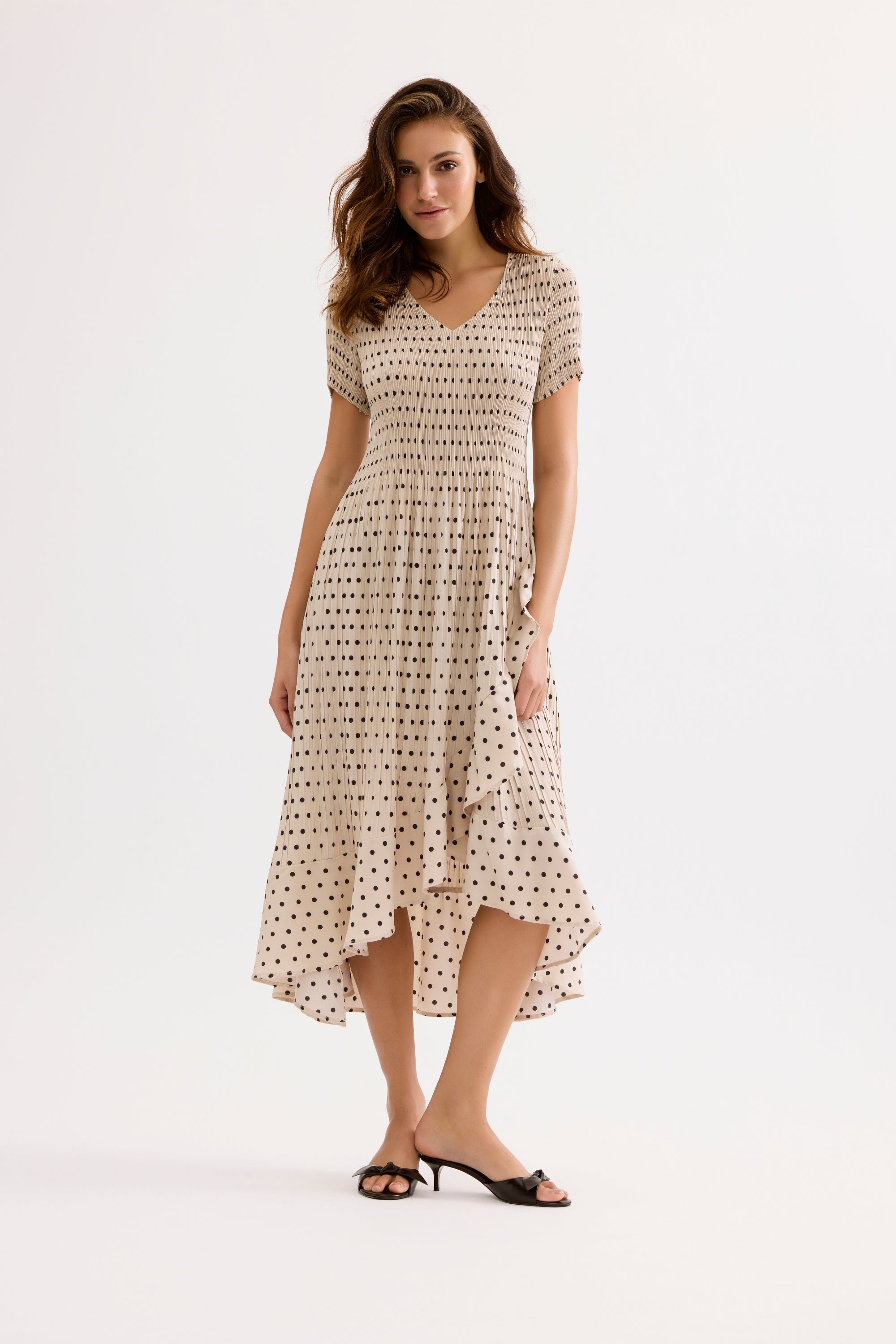 Robe midi fluide imprimé pois beige