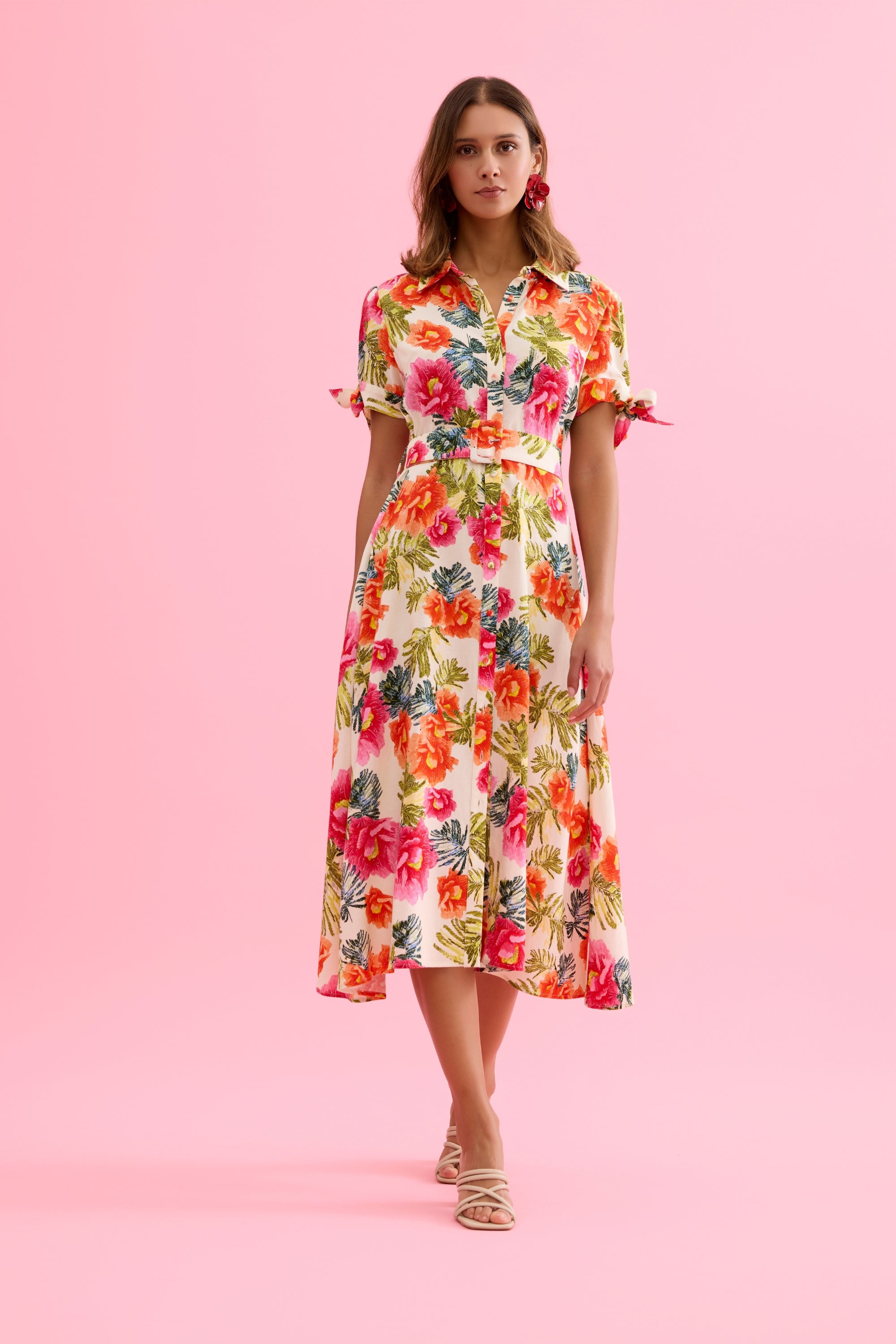 midi floral dress Elegant belted print for women color:Champagne Girls Christening Dresses Mesh Sheer Maxi Shirt