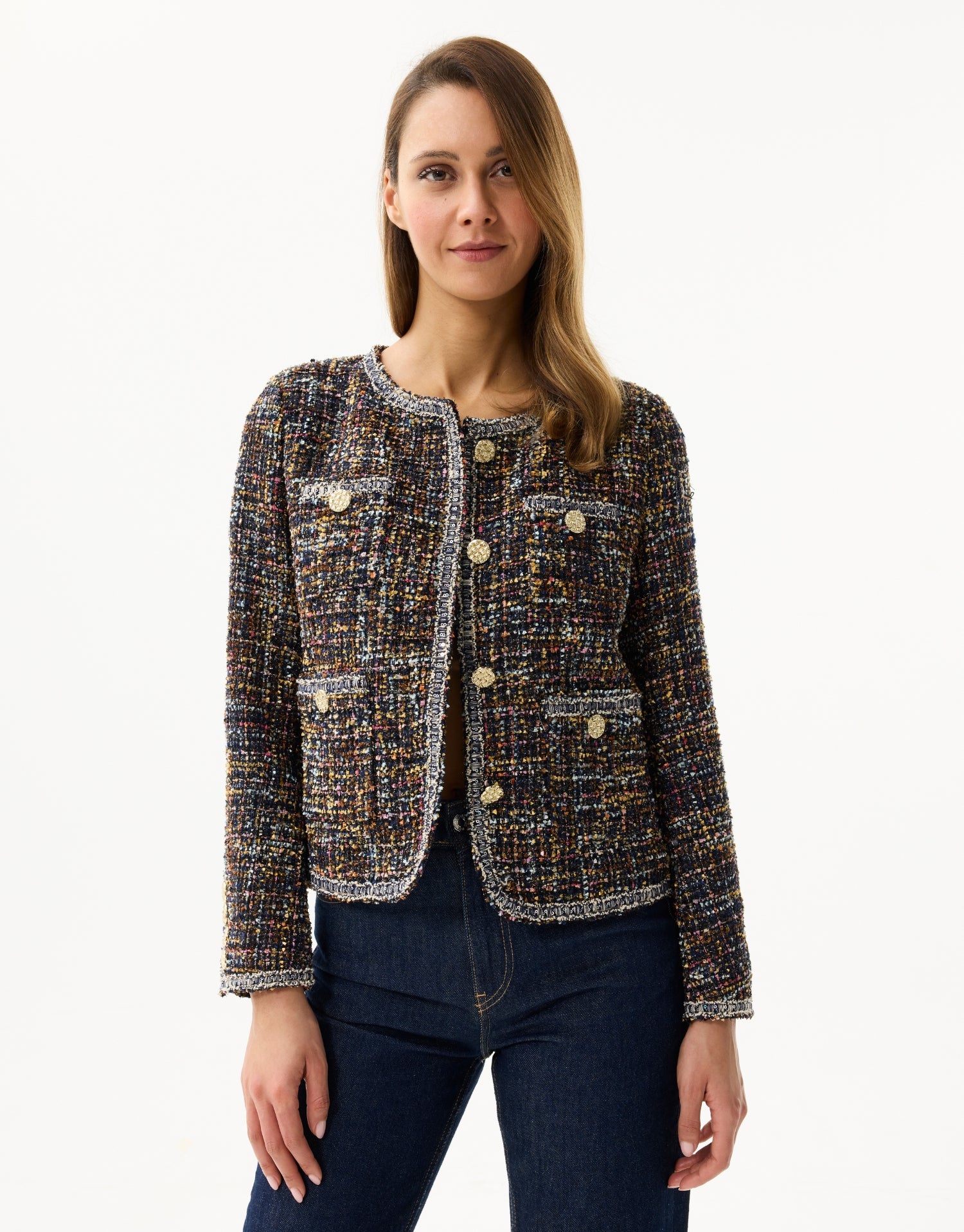 Mehrfarbiger Tweed-Effekt Cardigan mit goldenen Knöpfen