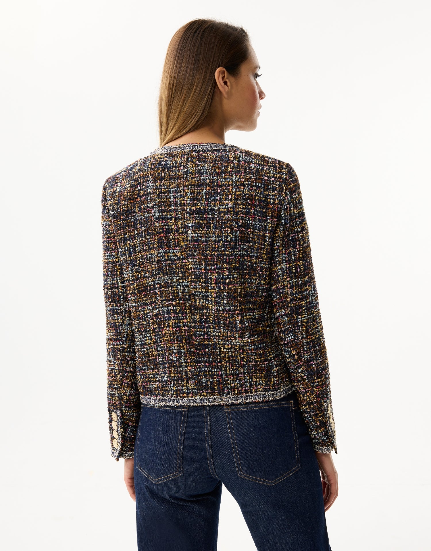 Mehrfarbiger Tweed-Effekt Cardigan mit goldenen Knöpfen