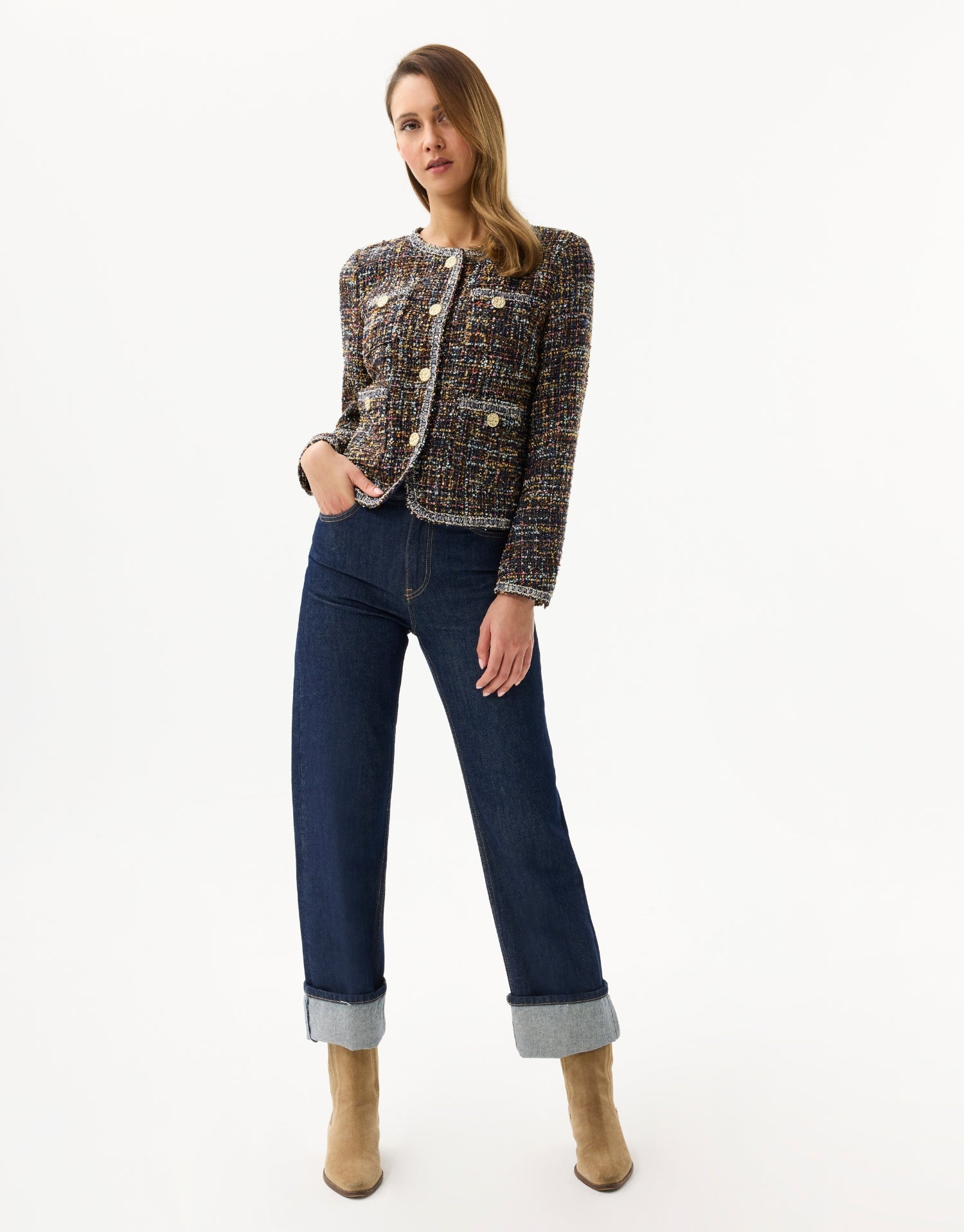 Mehrfarbiger Tweed-Effekt Cardigan mit goldenen Knöpfen