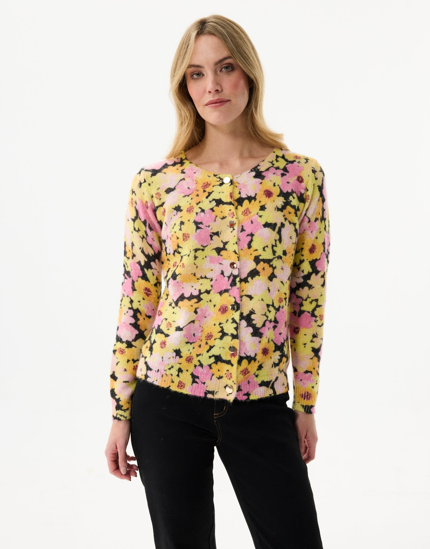 Strickcardigan mit pastellfarbenem Blumenmuster