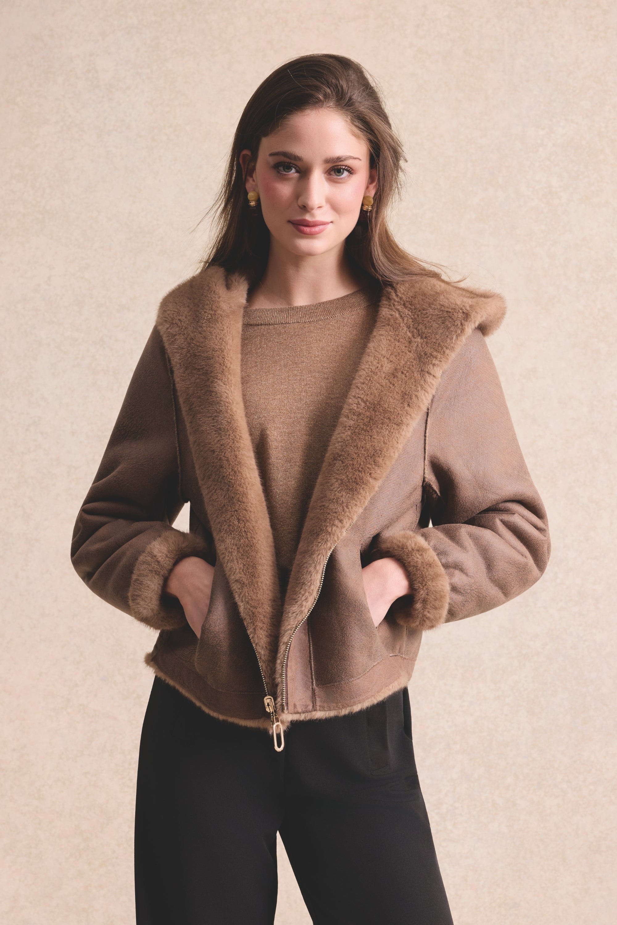 Veste fausse fourrure réversible camel