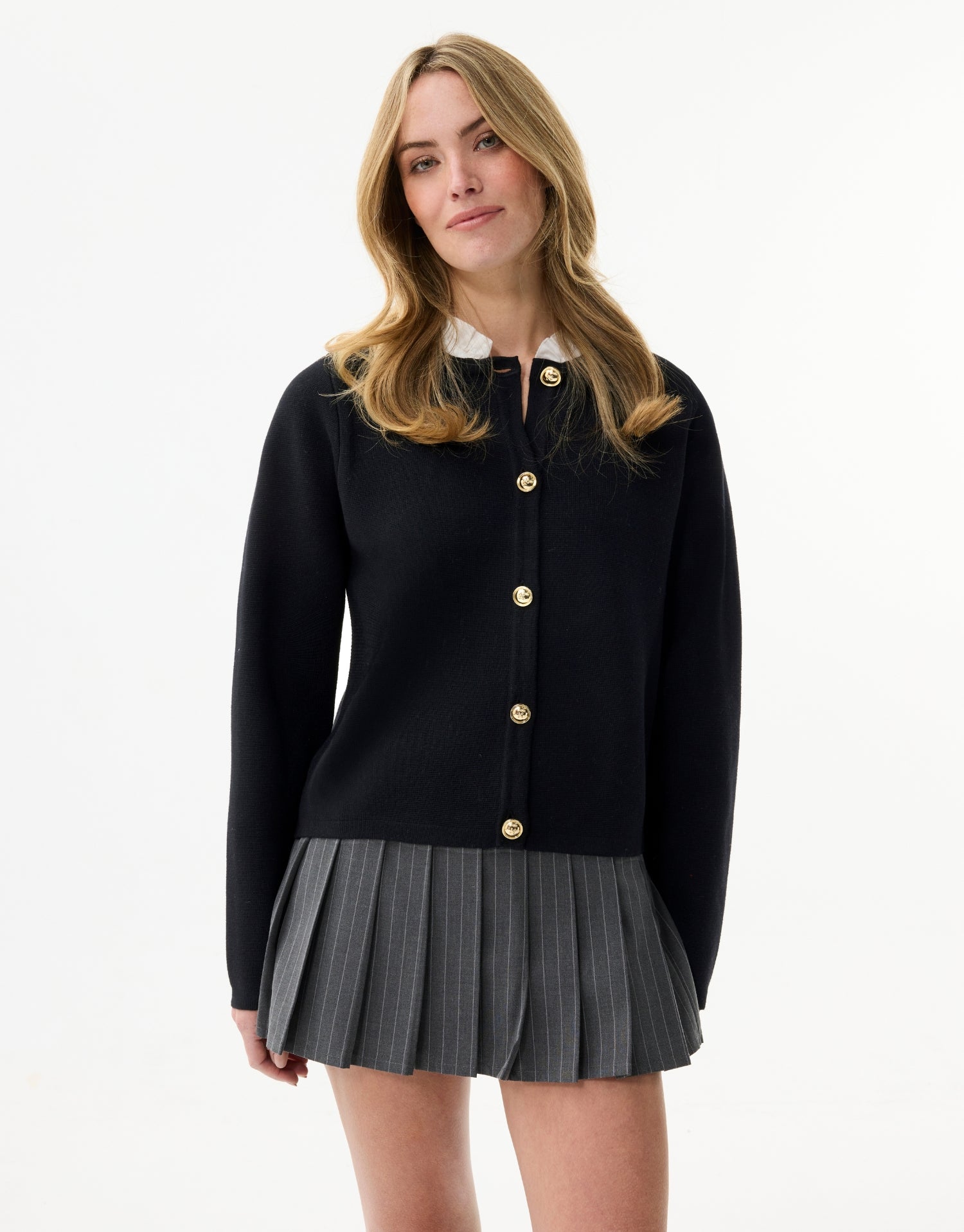 Black cardigan with gold buttons