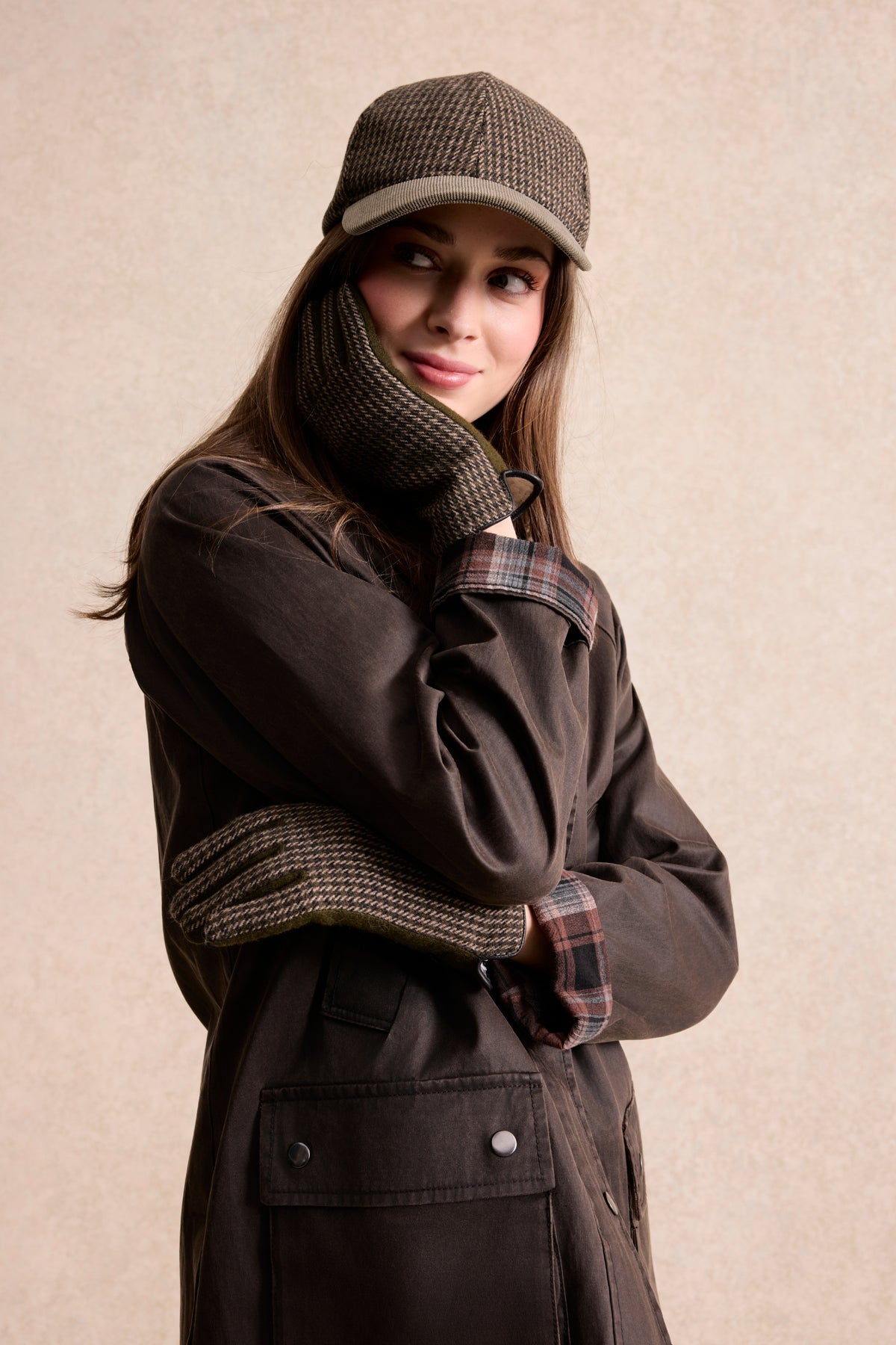 Casquette et gants pied-de-poule Mahaut kaki