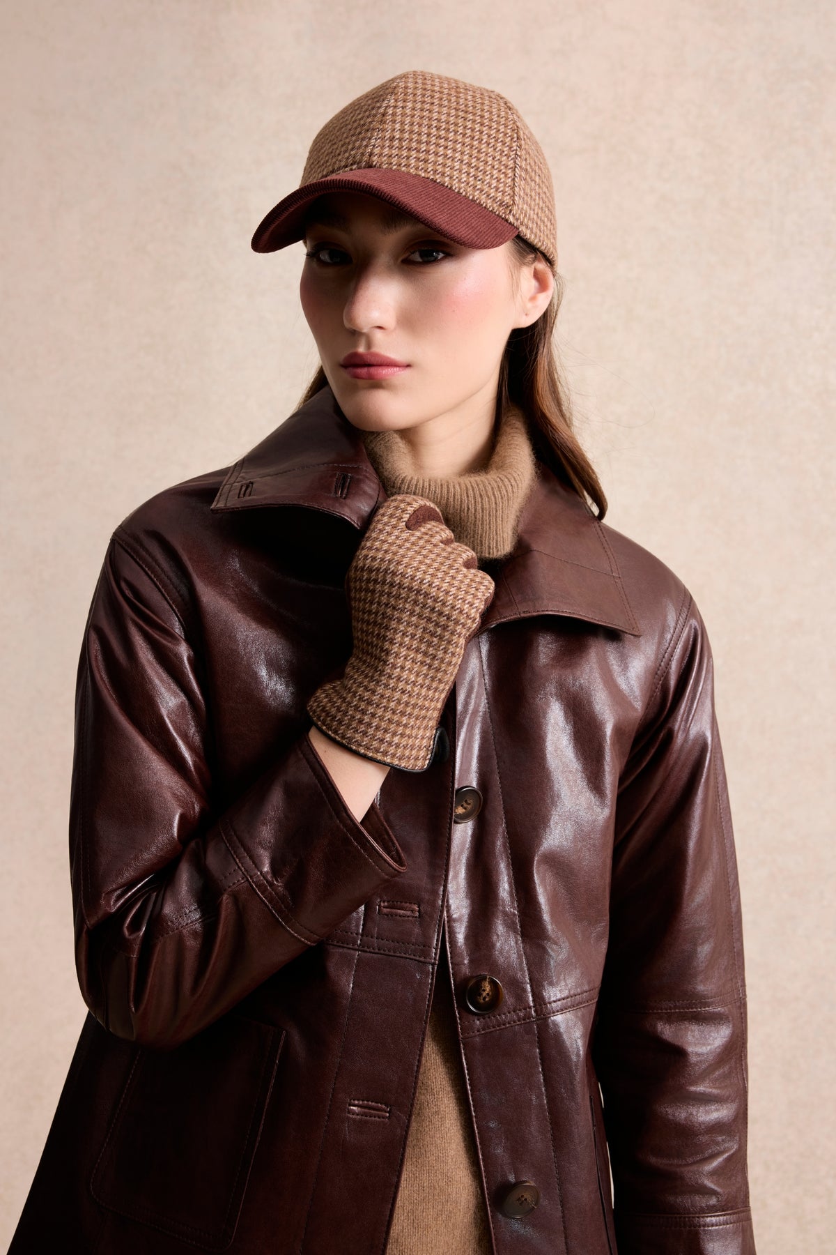 Casquette et gants pied-de-poule Mahaut marron