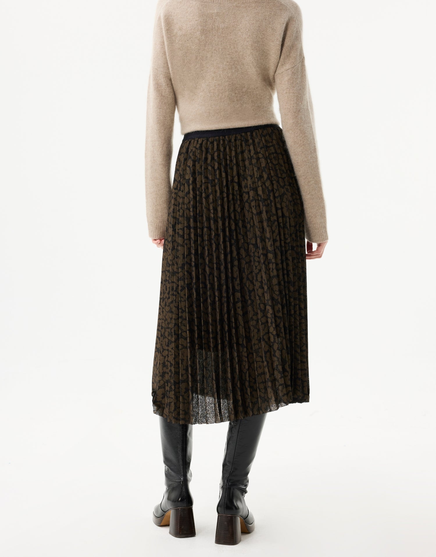 Gonna plissettata con stampa leopardata kaki e nera