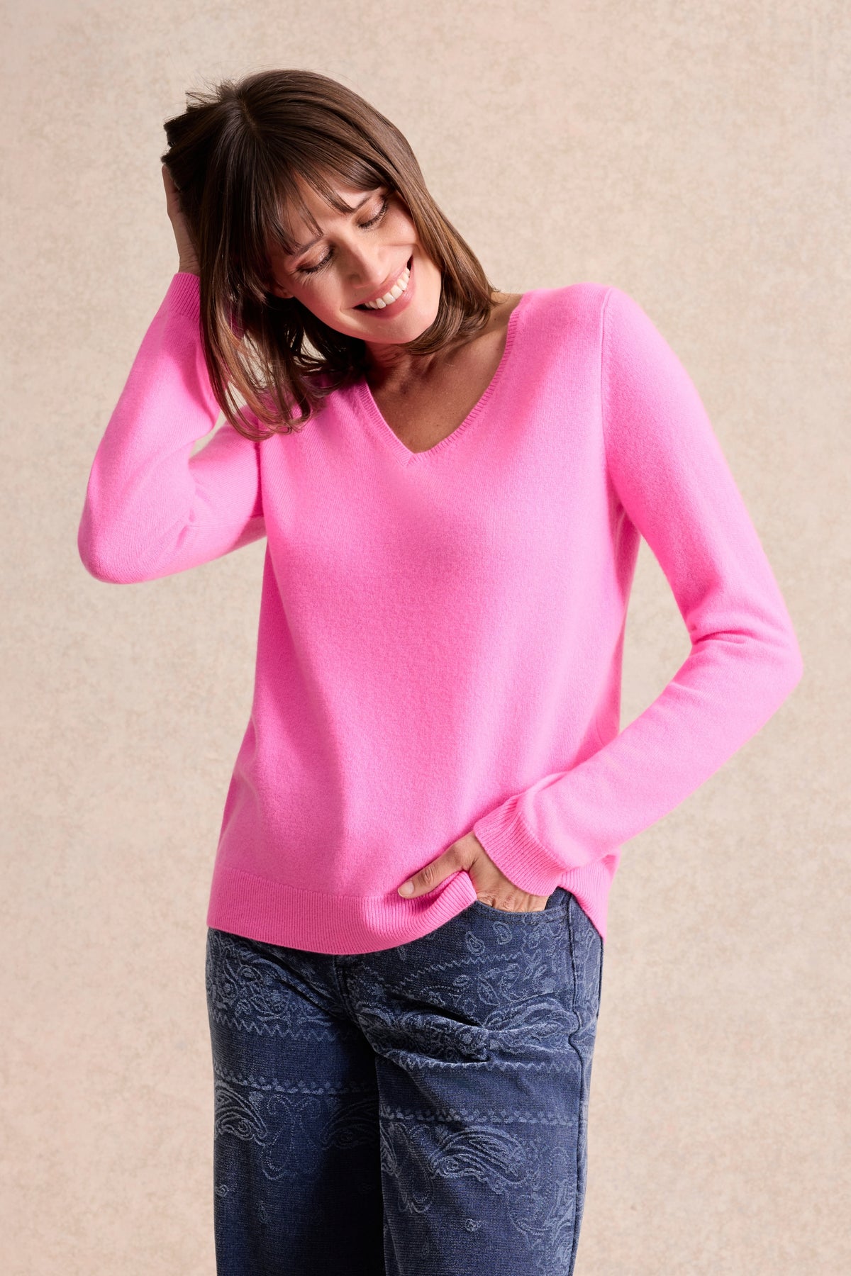 Pull col V cachemire rose