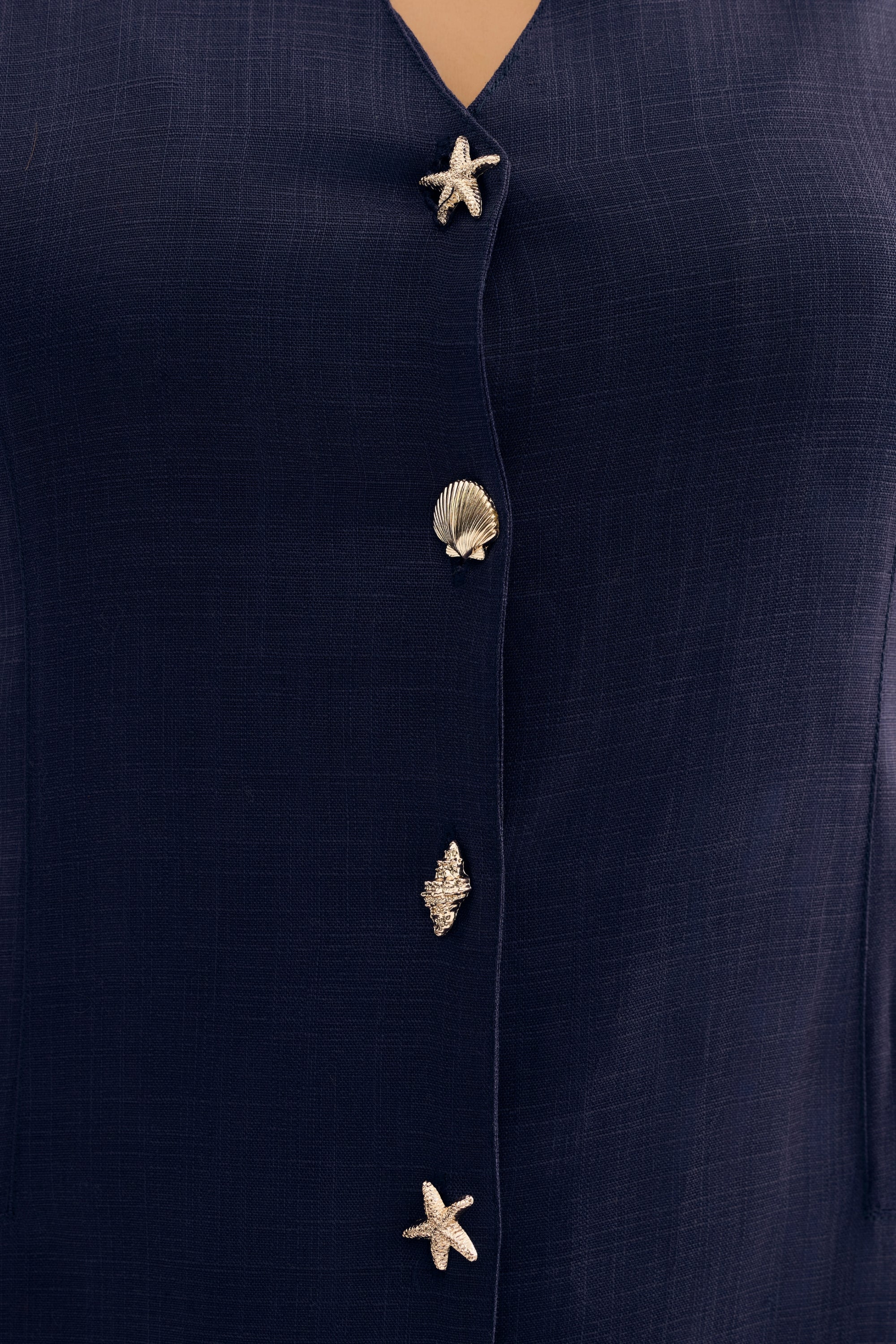 Robe longue boutonnée en lin bleu marine