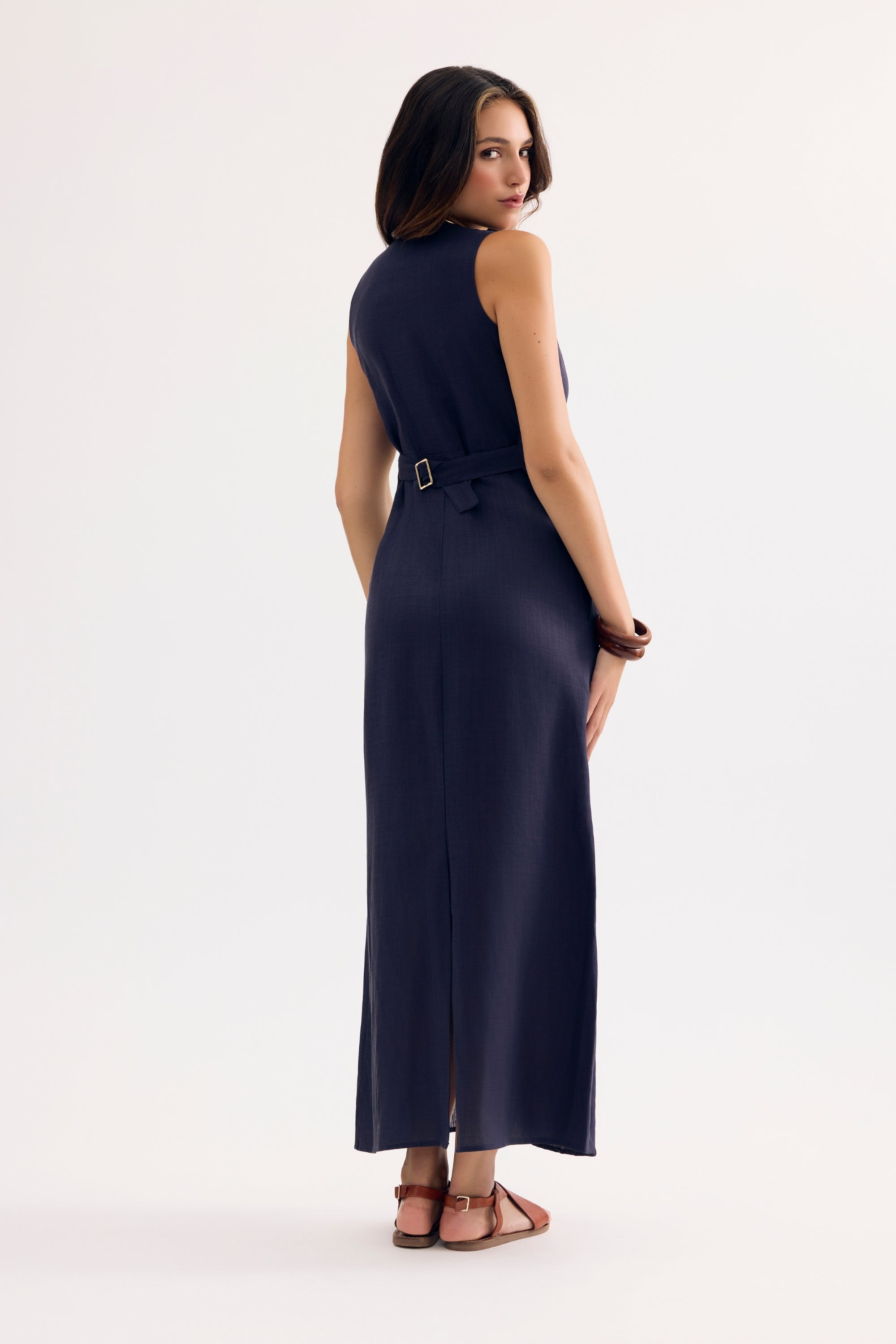 Robe longue boutonnée en lin bleu marine