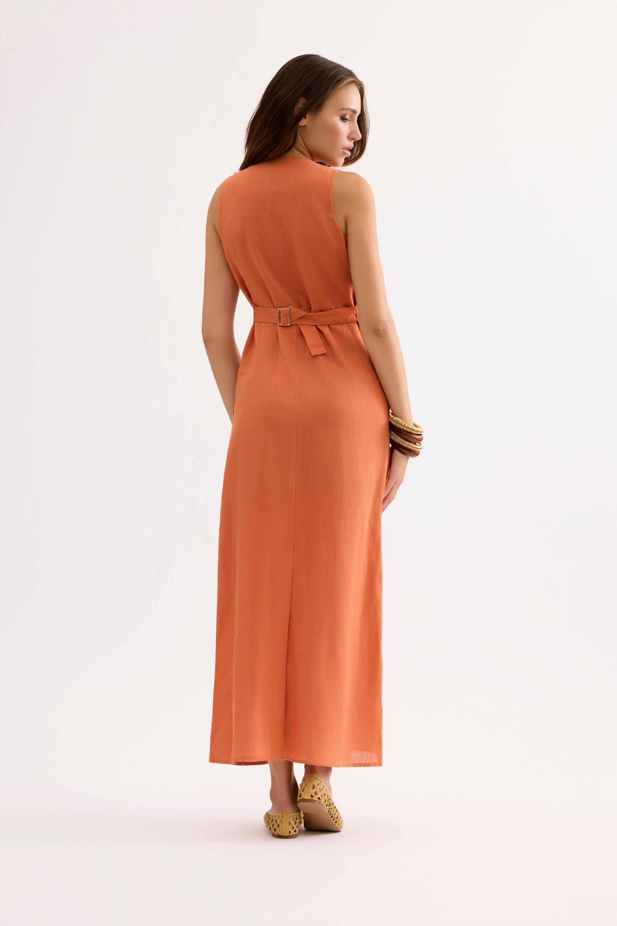 Robe longue boutonnée en lin terracota