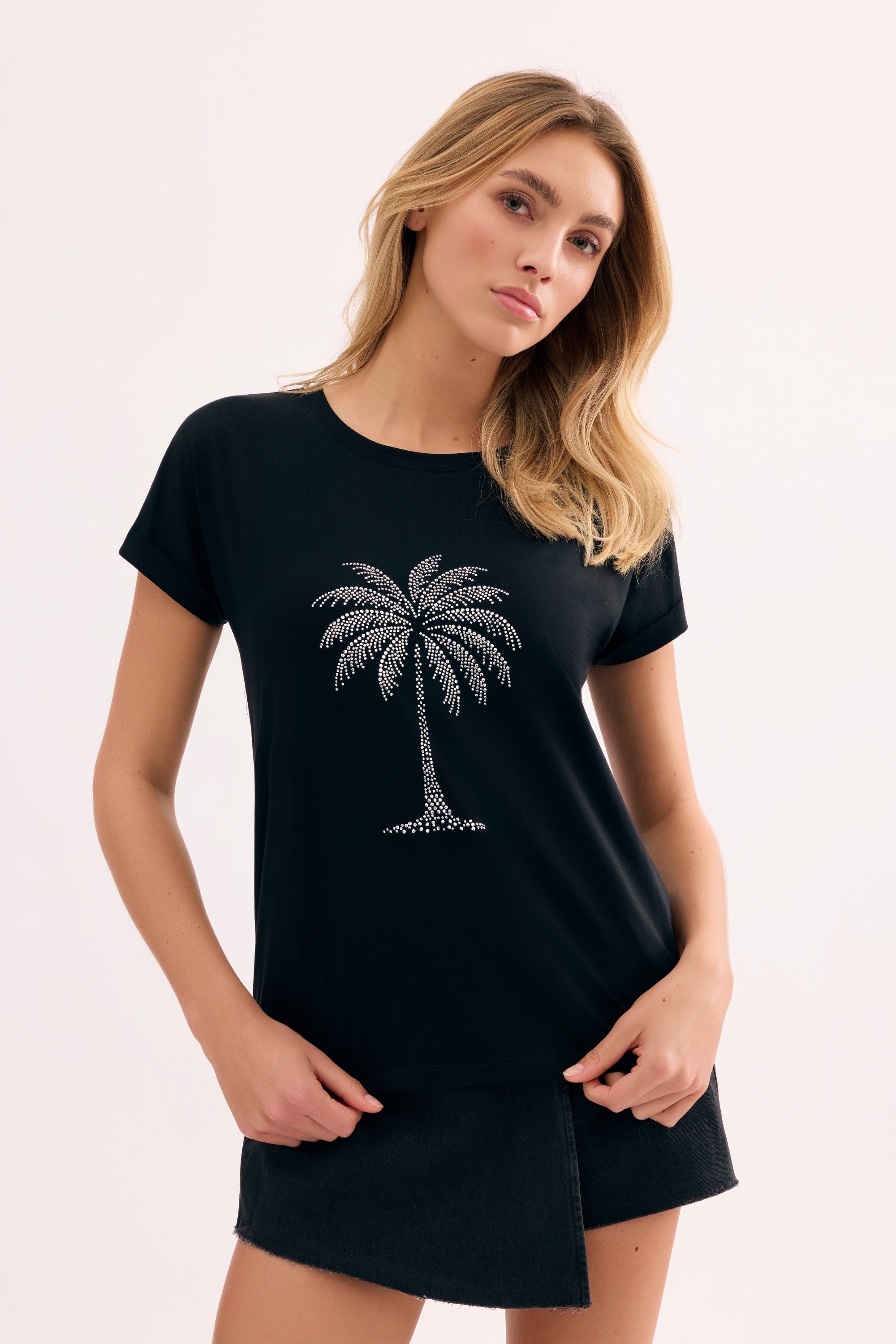 T-shirt palmier en strass noir