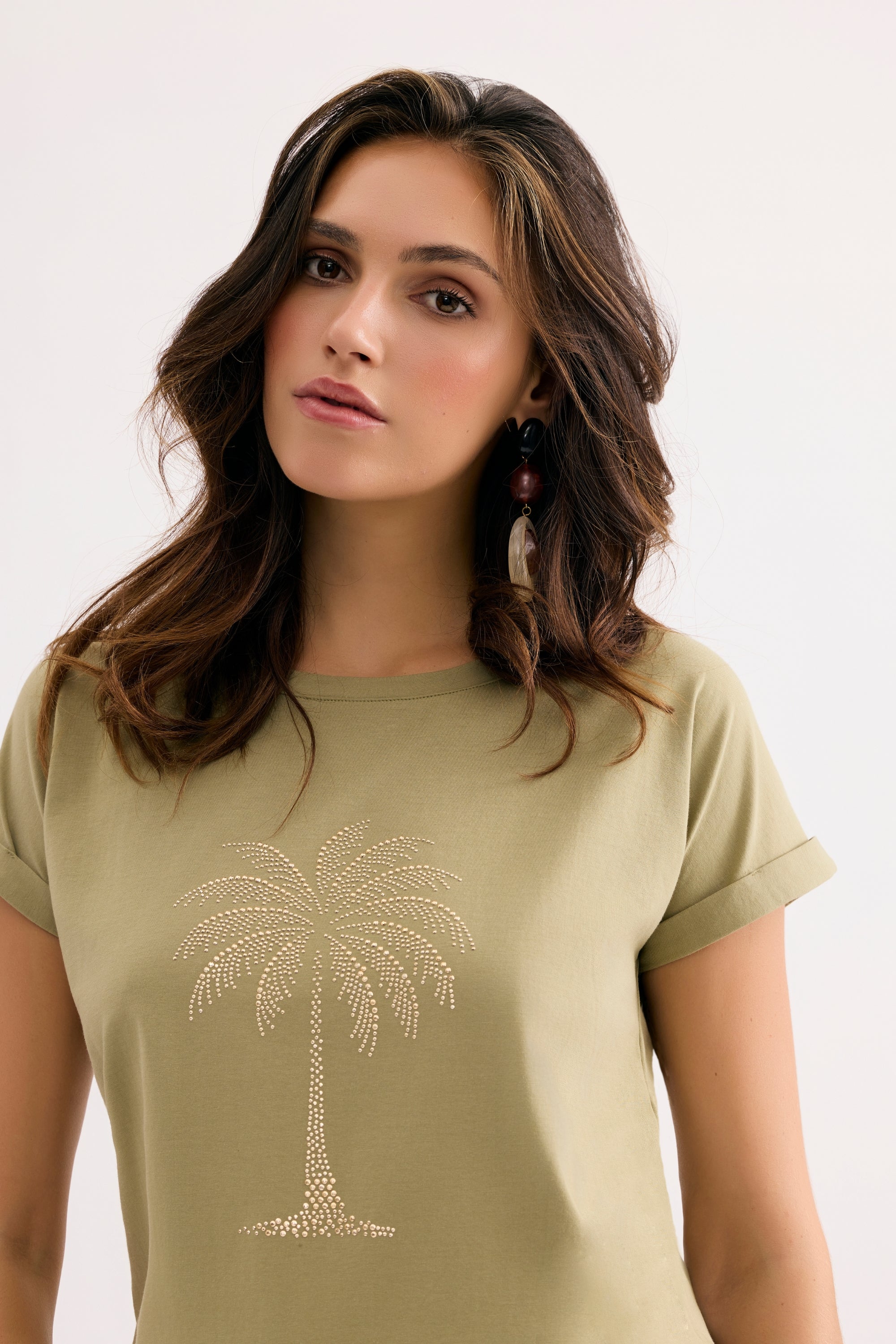 T-shirt palmier en strass kaki