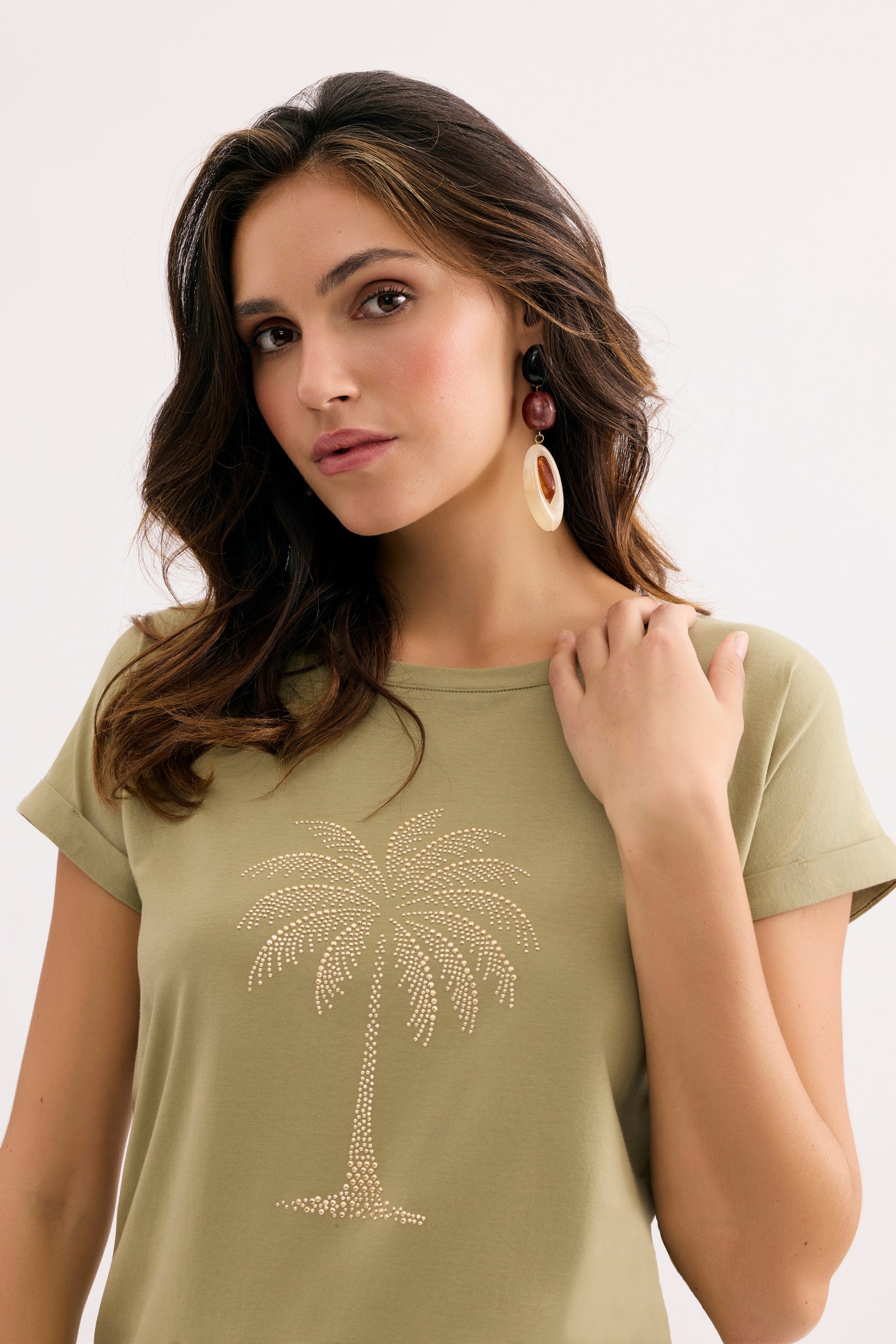 T-shirt palmier en strass kaki