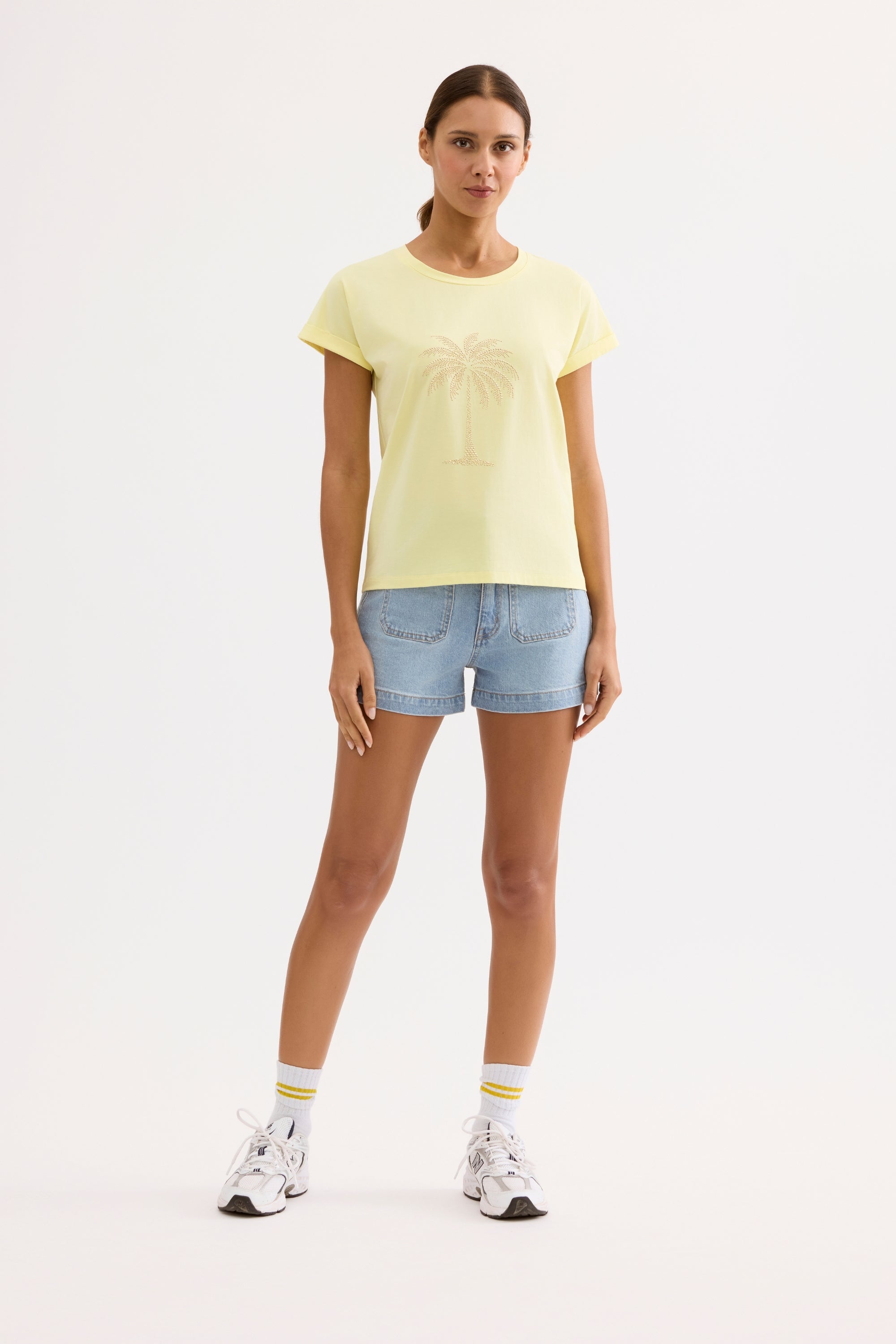 T-shirt palmier en strass jaune