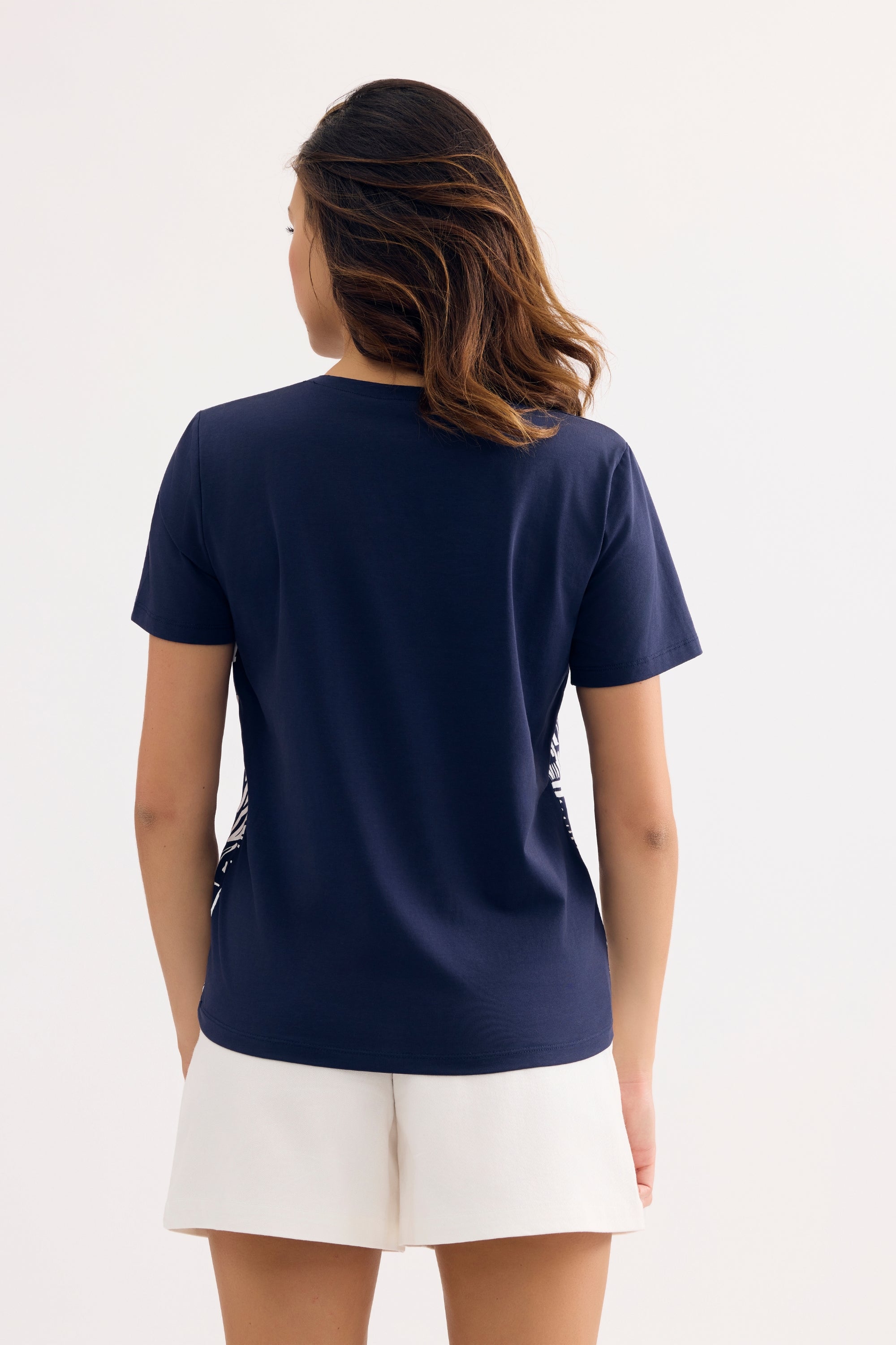 T-shirt imprimé tropical col V bleu marine