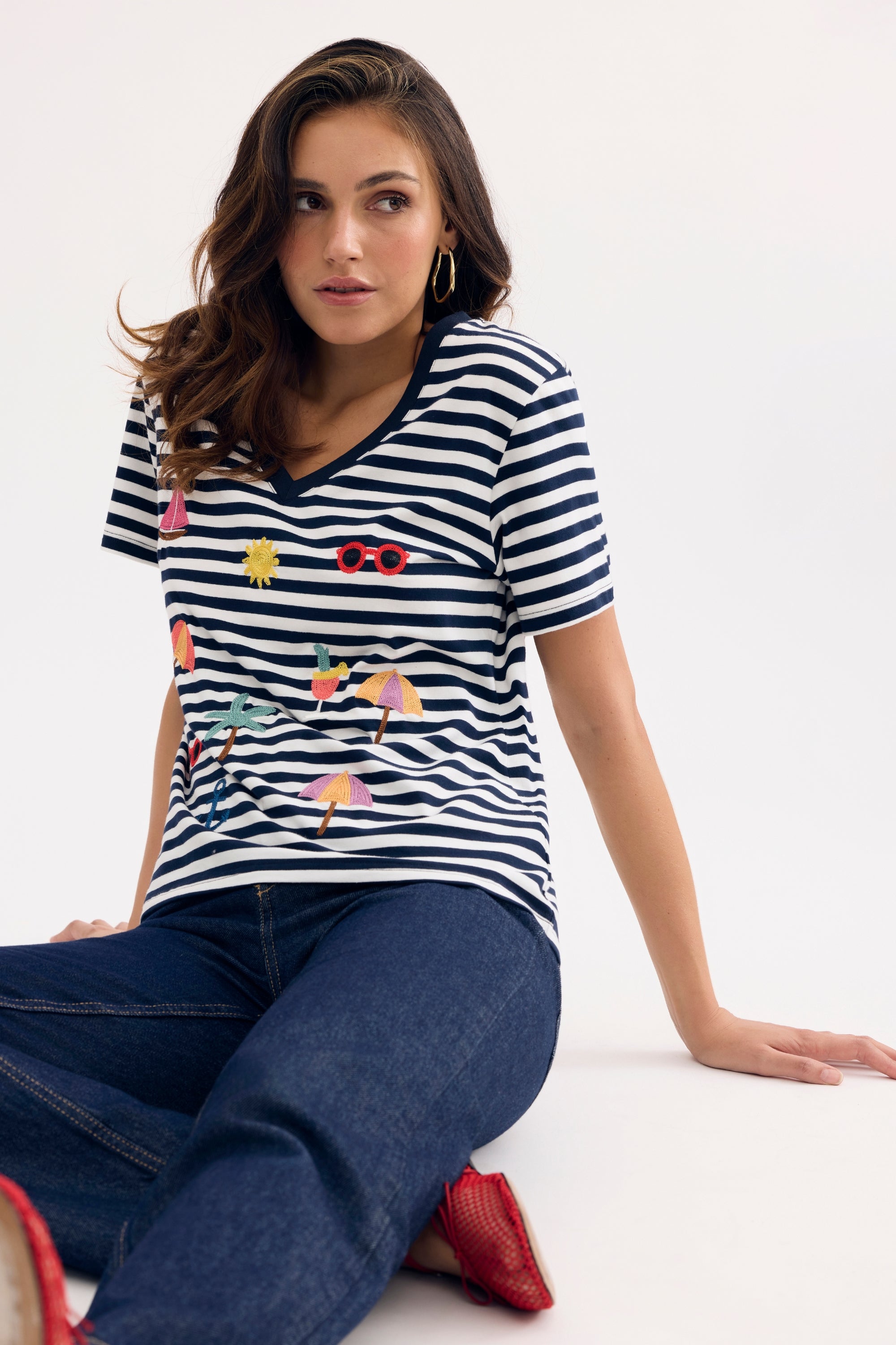 T-shirt marinière brodé esprit vacances bleu marine