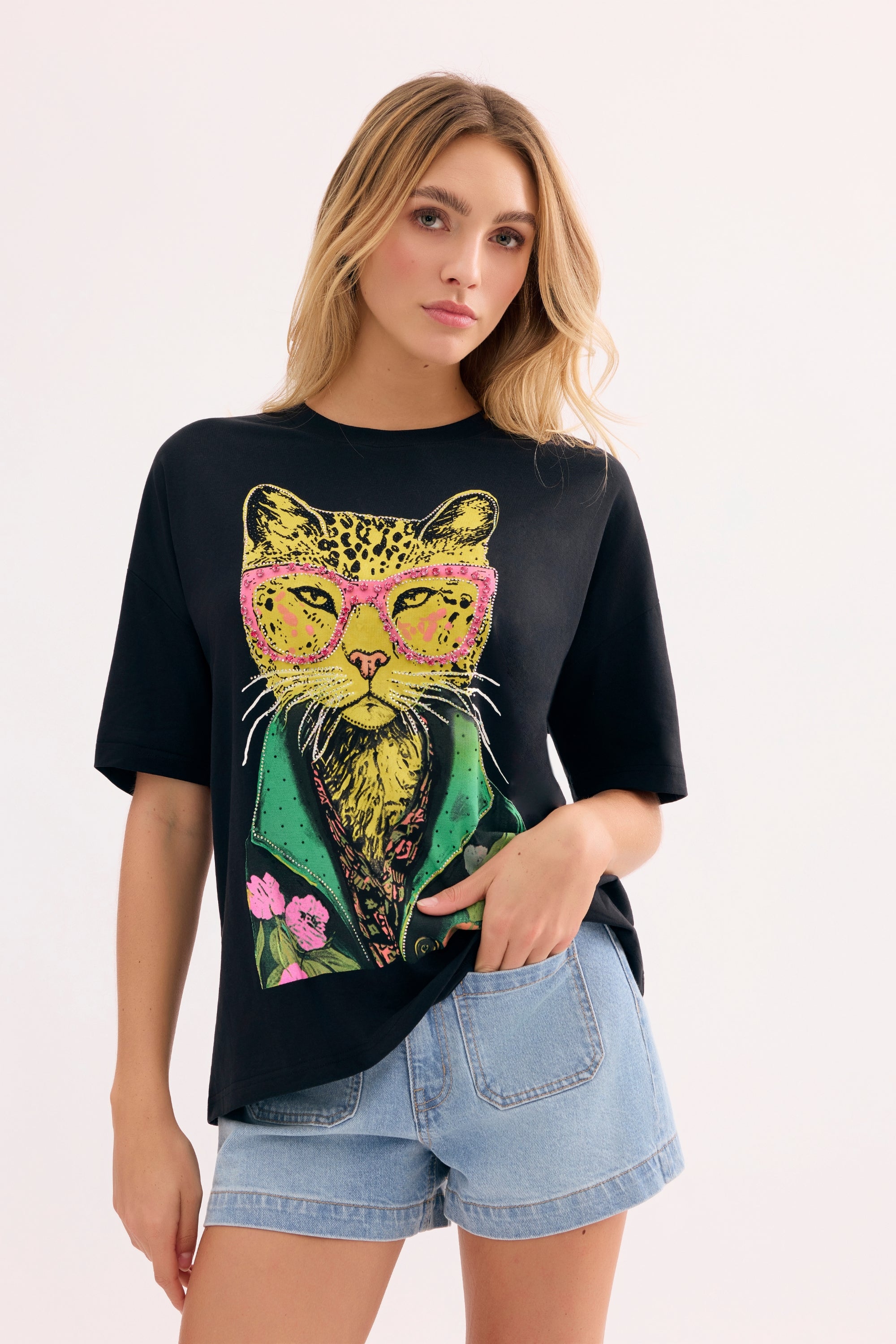 T-shirt oversize imprimé félin arty noir