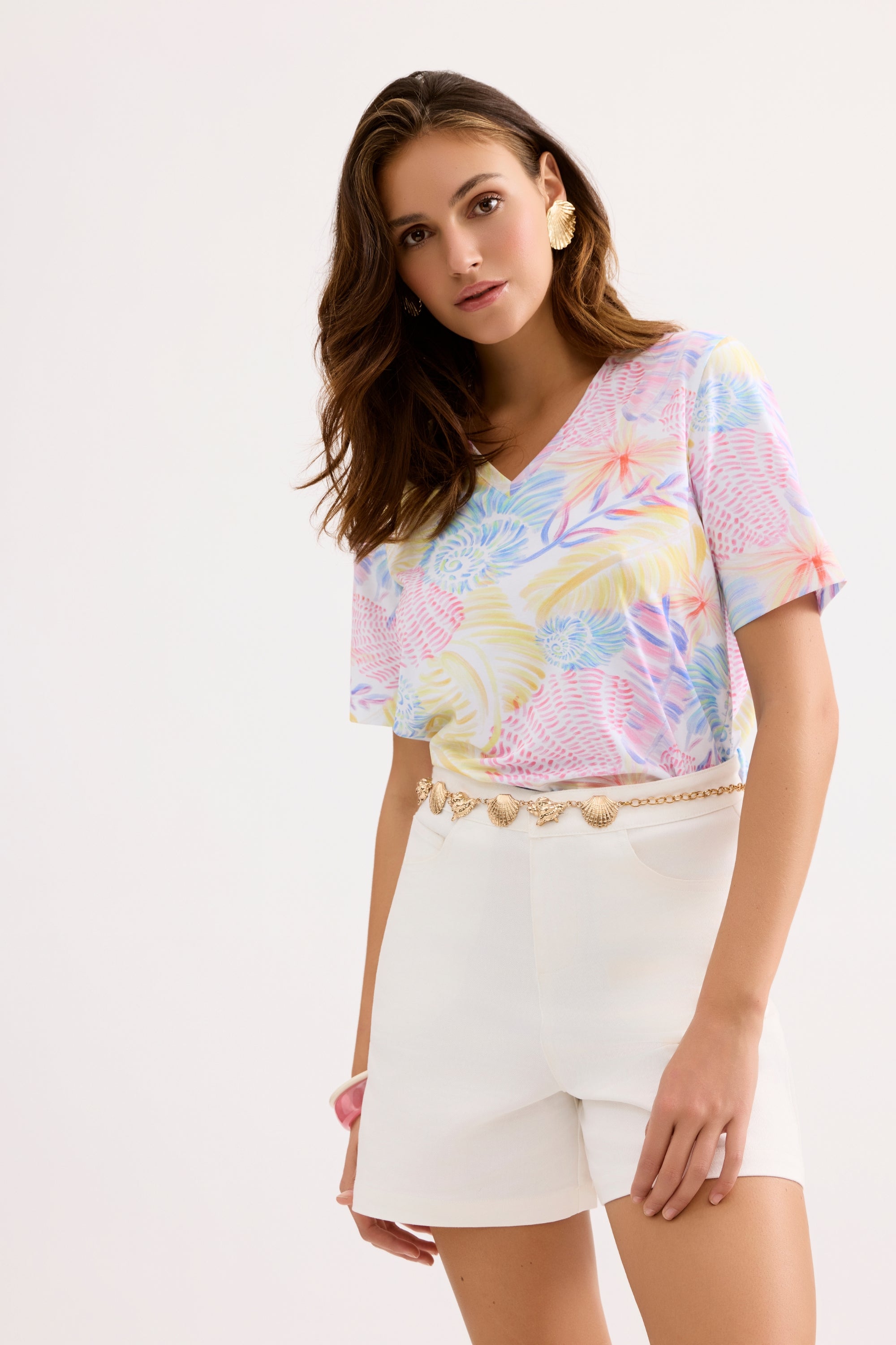T-shirt imprimé pastel col V