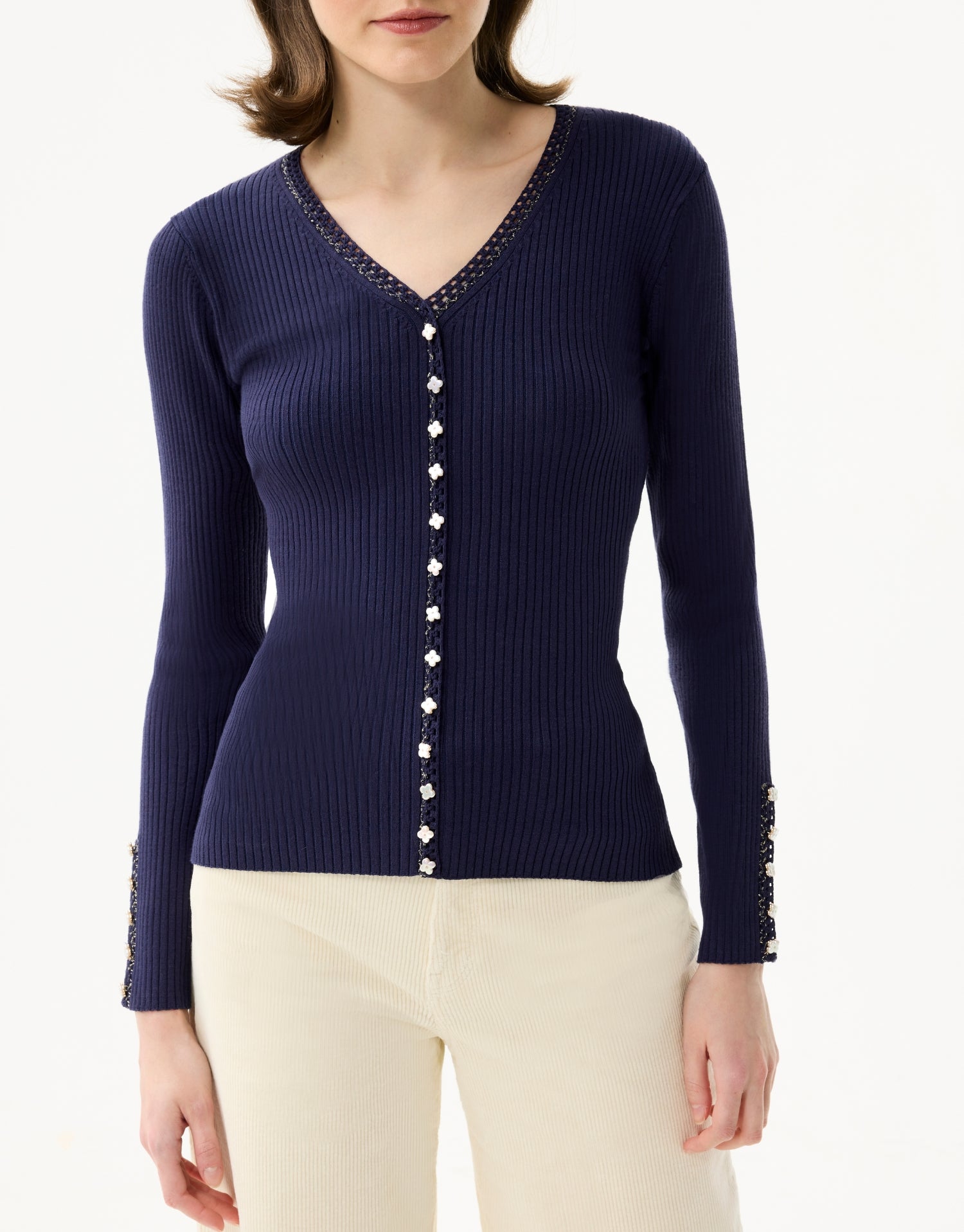 Cardigan côtelé à boutons bijoux bleu marine