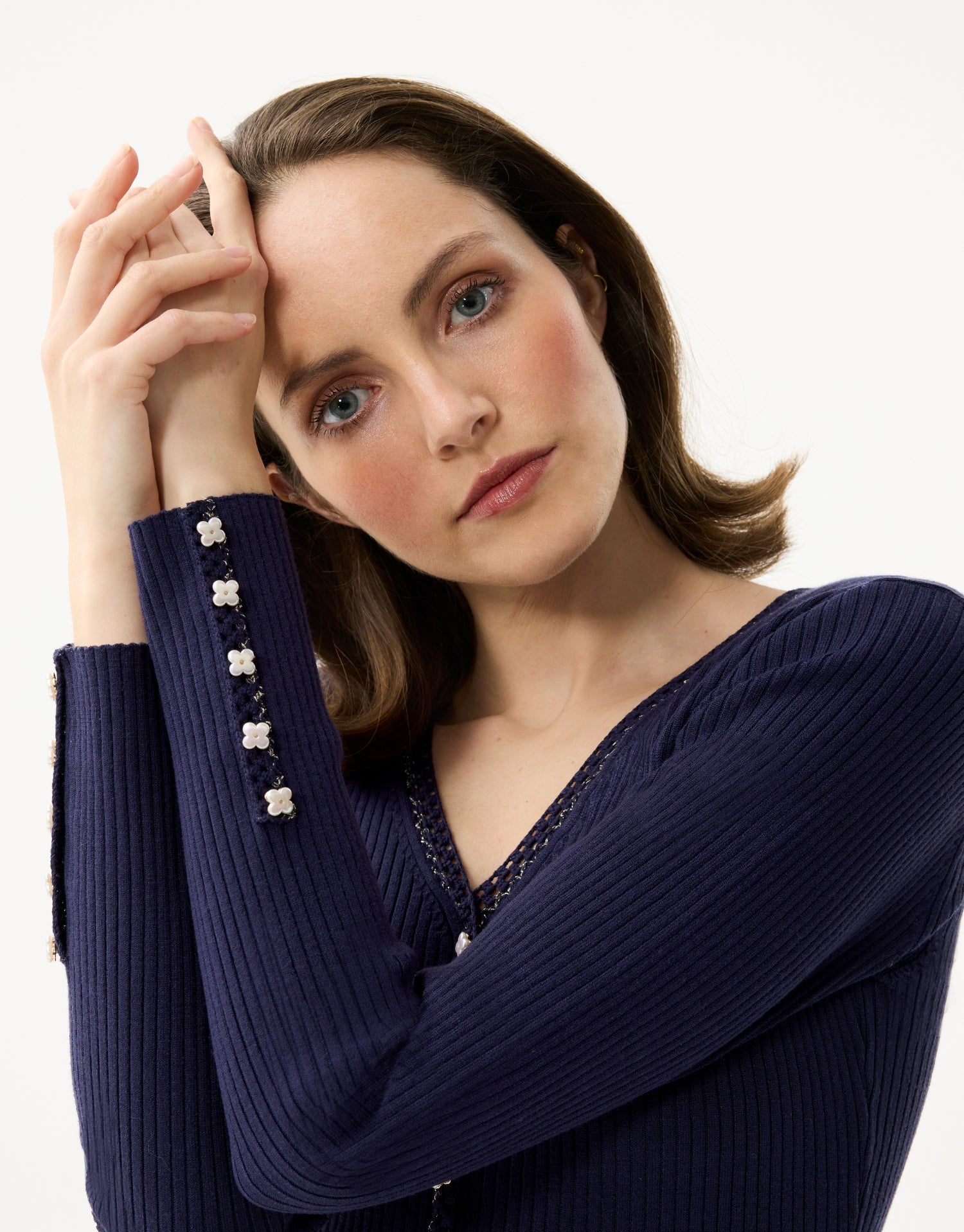 Cardigan côtelé à boutons bijoux bleu marine