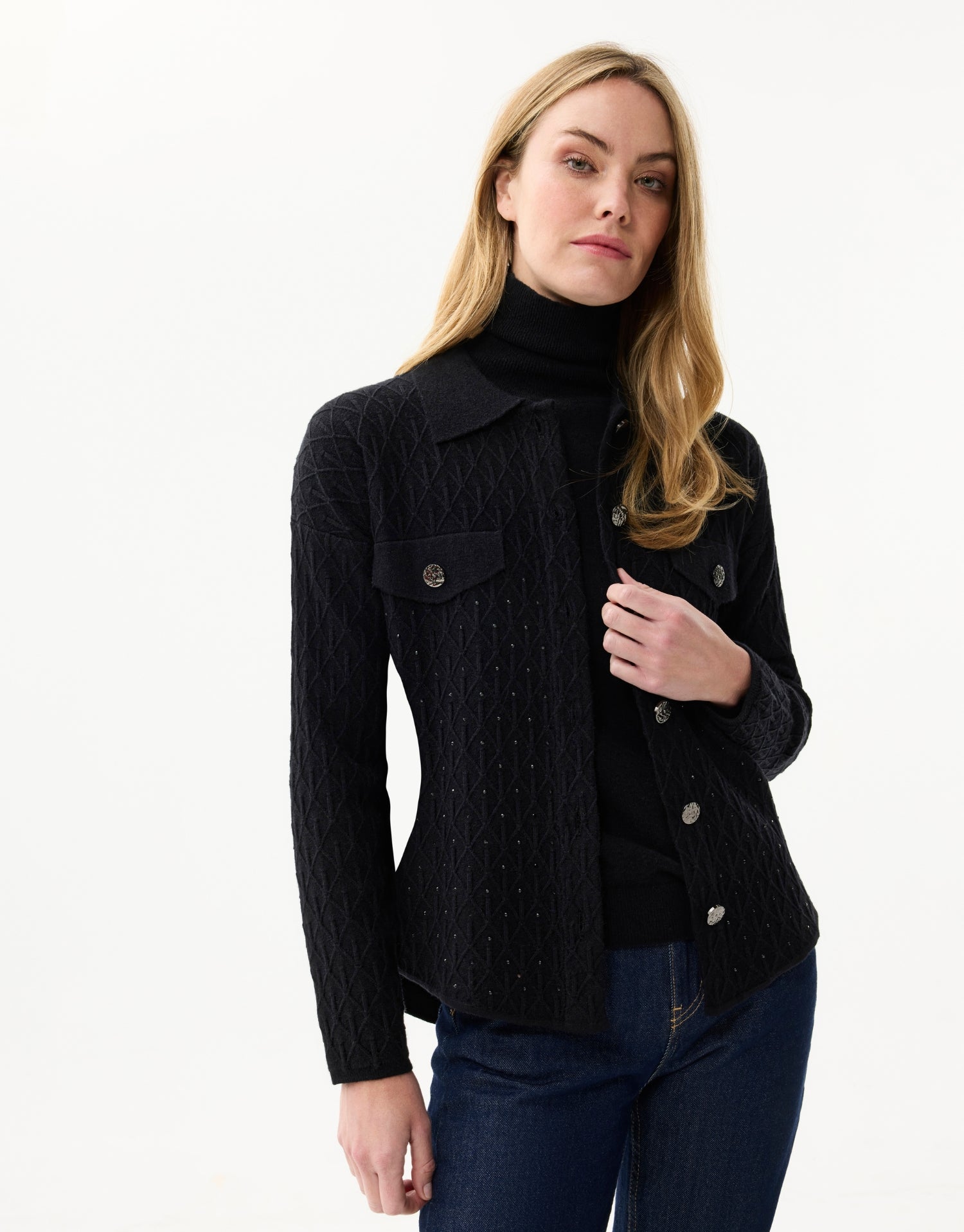 Cardigan texturé à boutons dorés noir