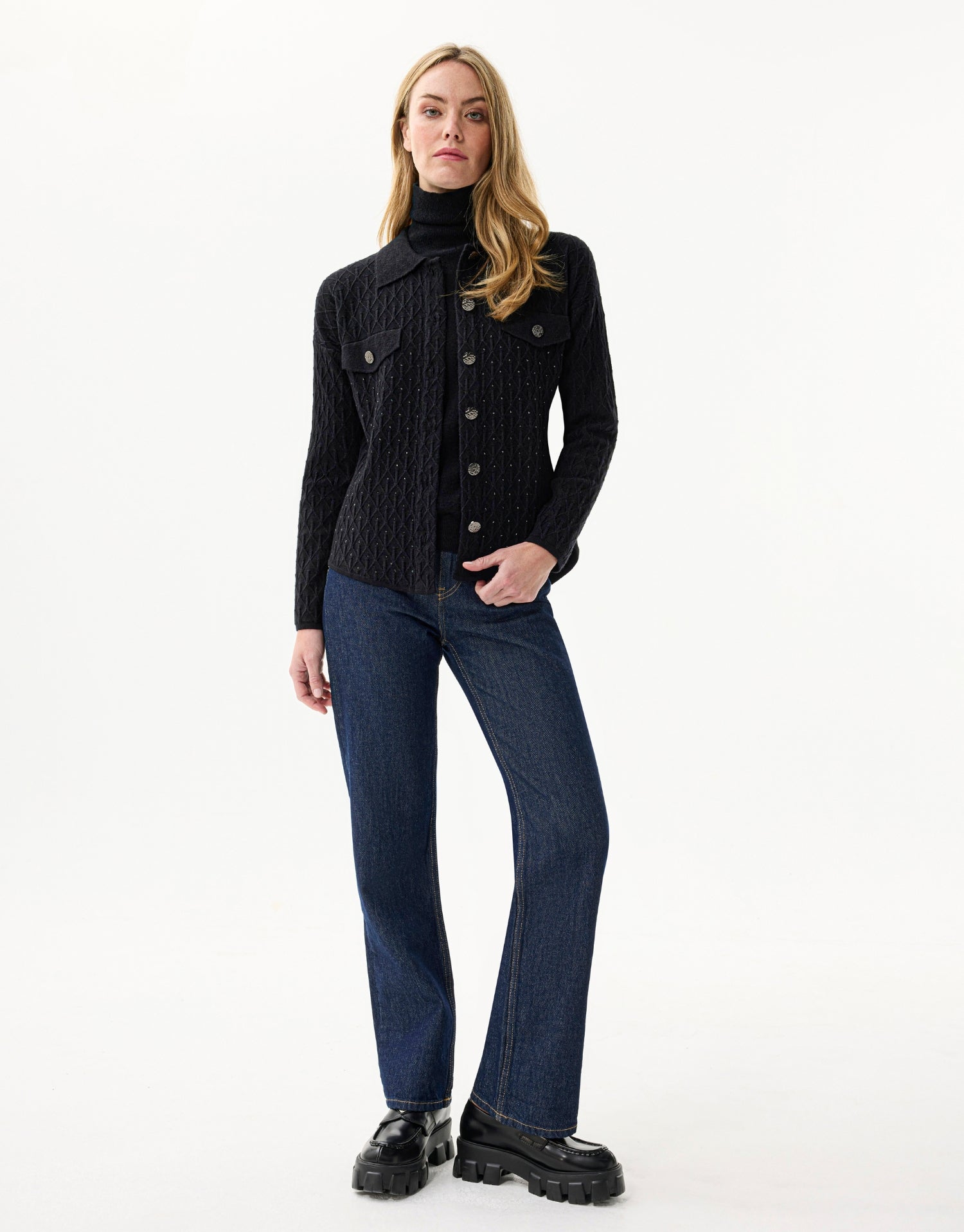 Cardigan texturé à boutons dorés noir
