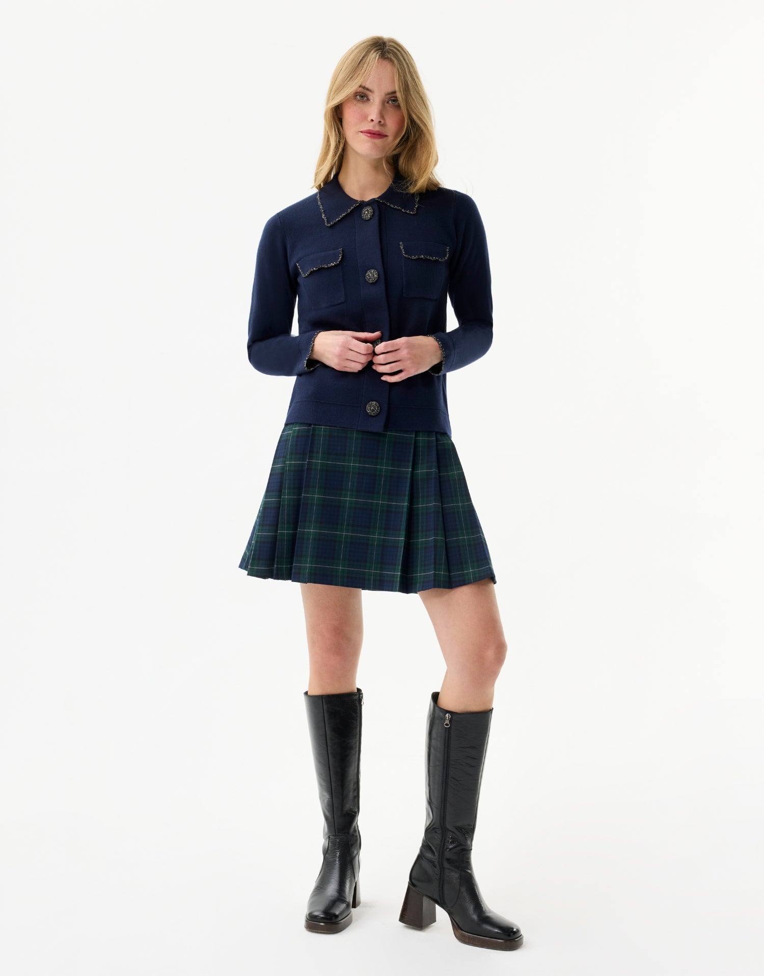 Cardigan chic à poches plaquées bleu marine