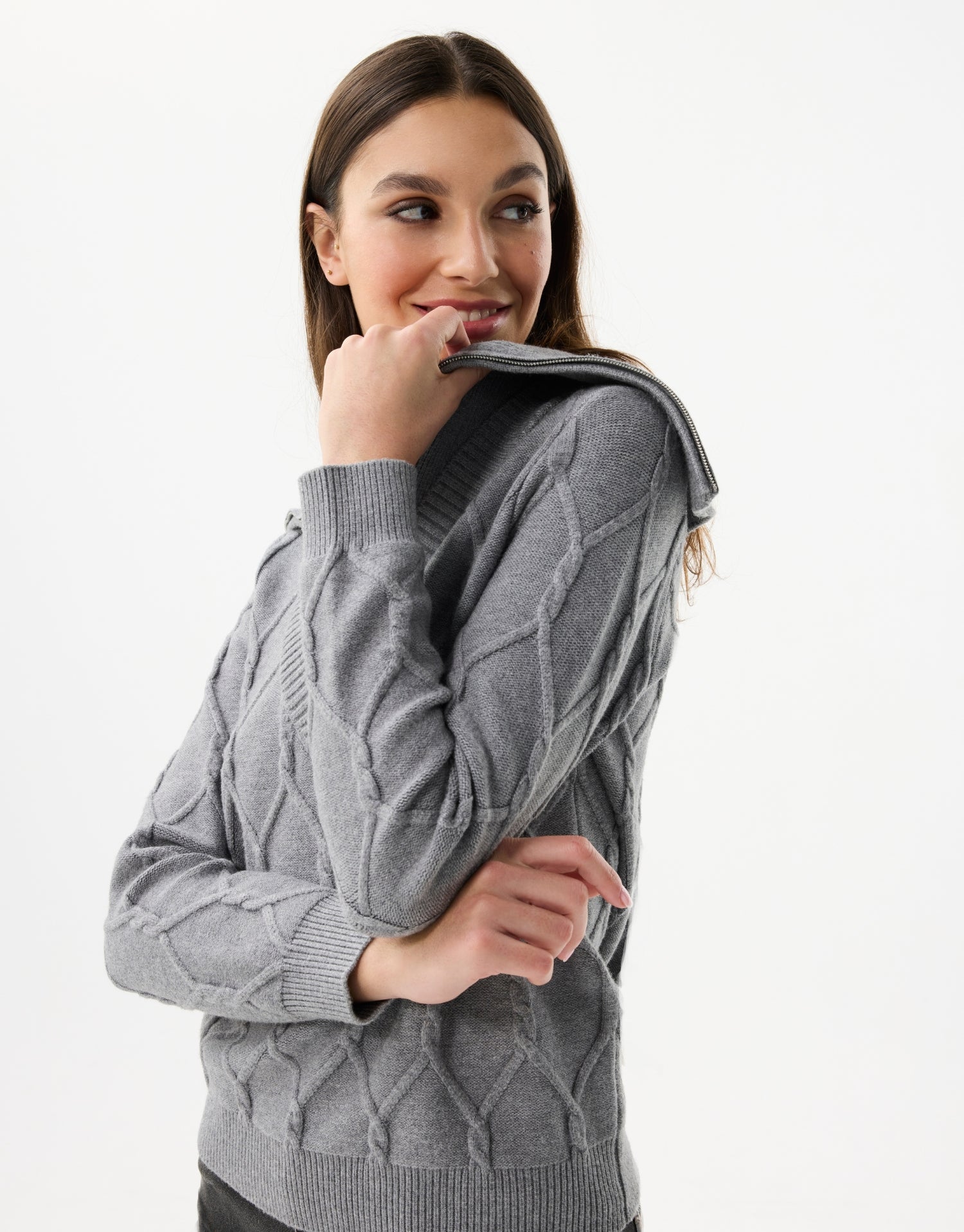 Zip-up collar sweater in textured knit