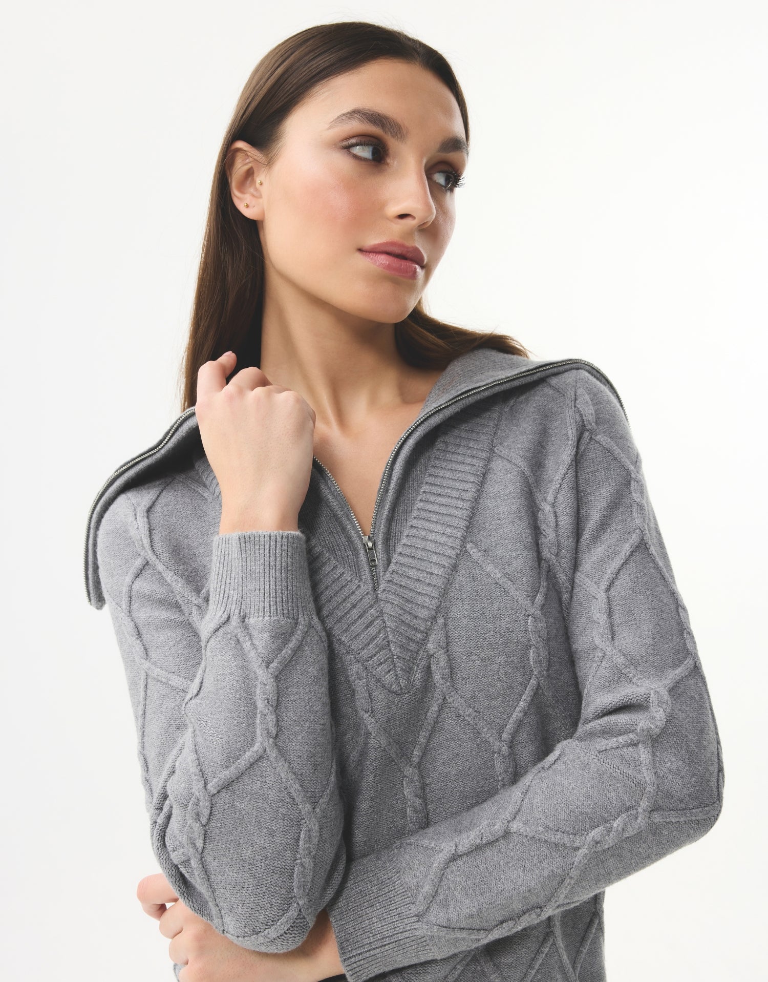 Zip-up collar sweater in textured knit