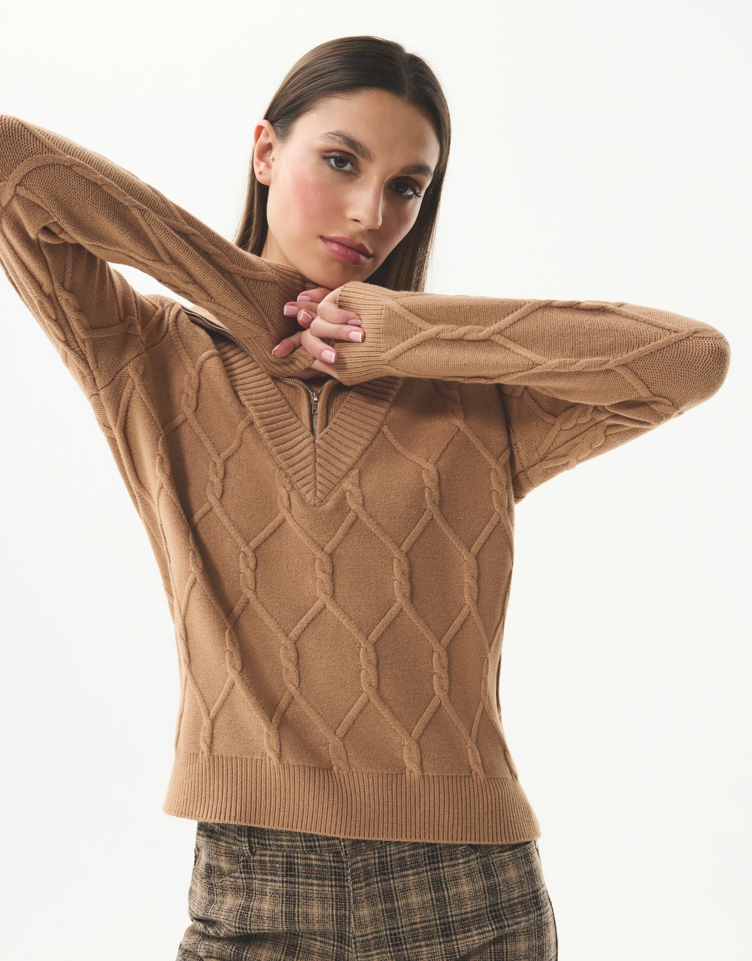 Zip-up collar sweater in textured knit