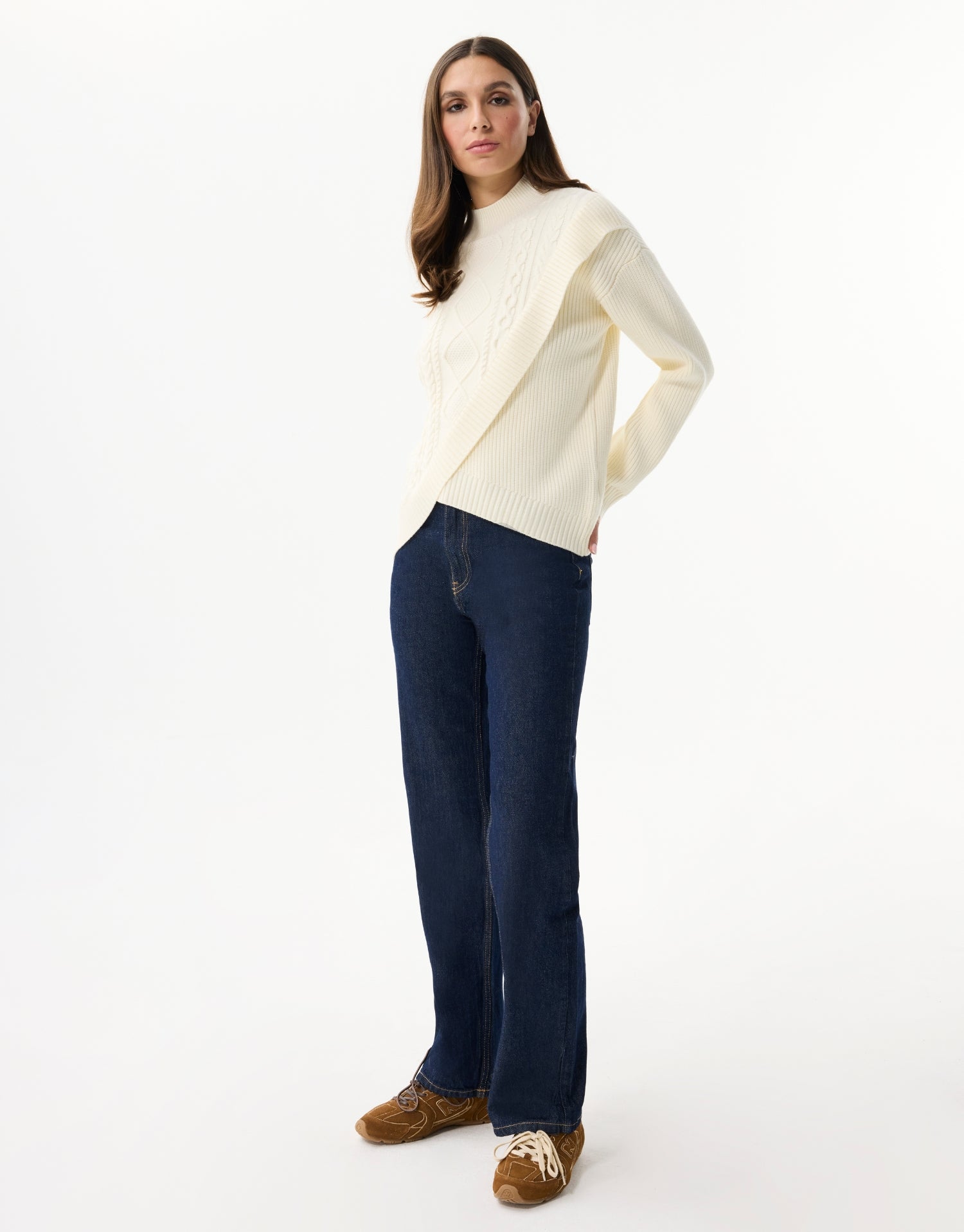 Twisted knit pullover with crossover cut