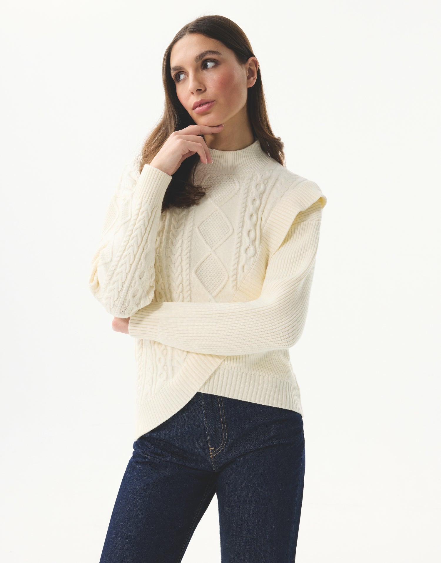 Twisted knit pullover with crossover cut