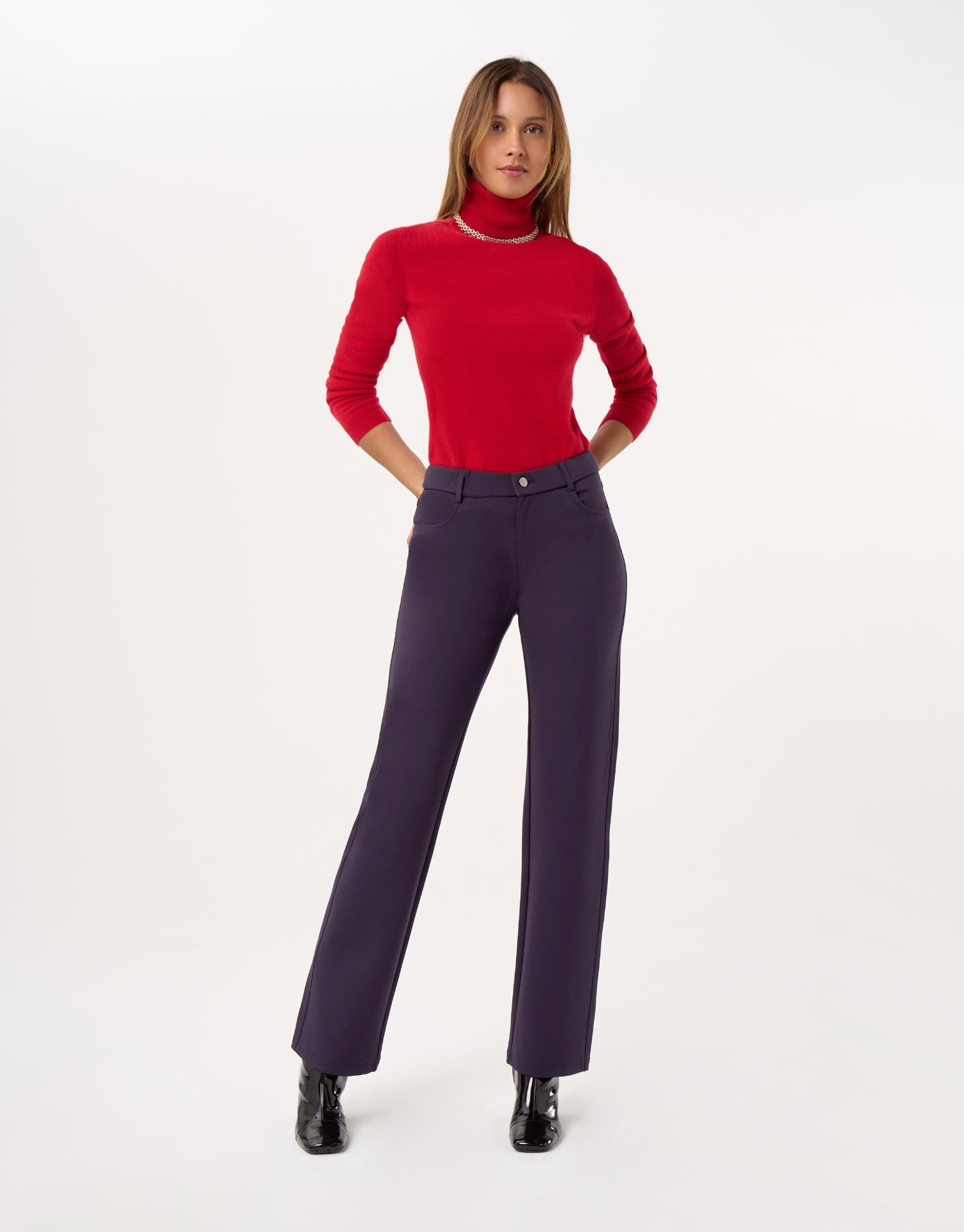 Pantalon droit extensible à taille mi-haute