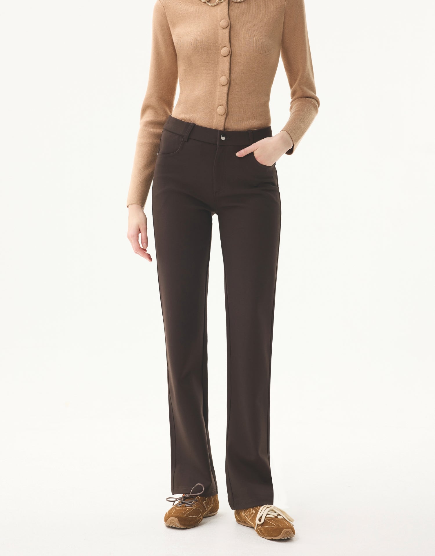 Pantalon droit extensible à taille mi-haute