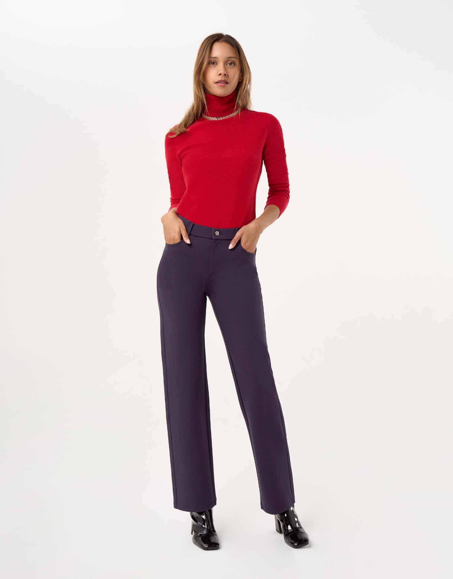 Pantalon droit extensible à taille mi-haute