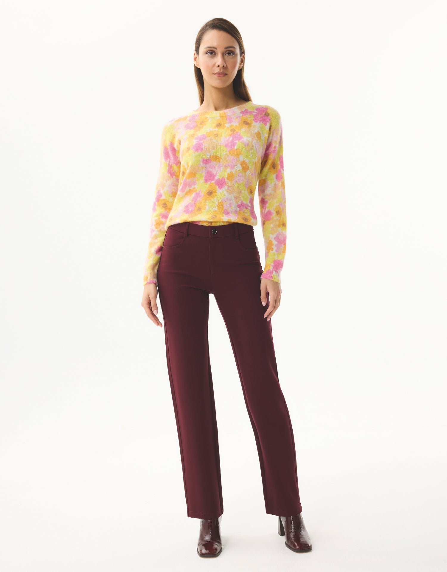 Pantalon droit extensible à taille mi-haute