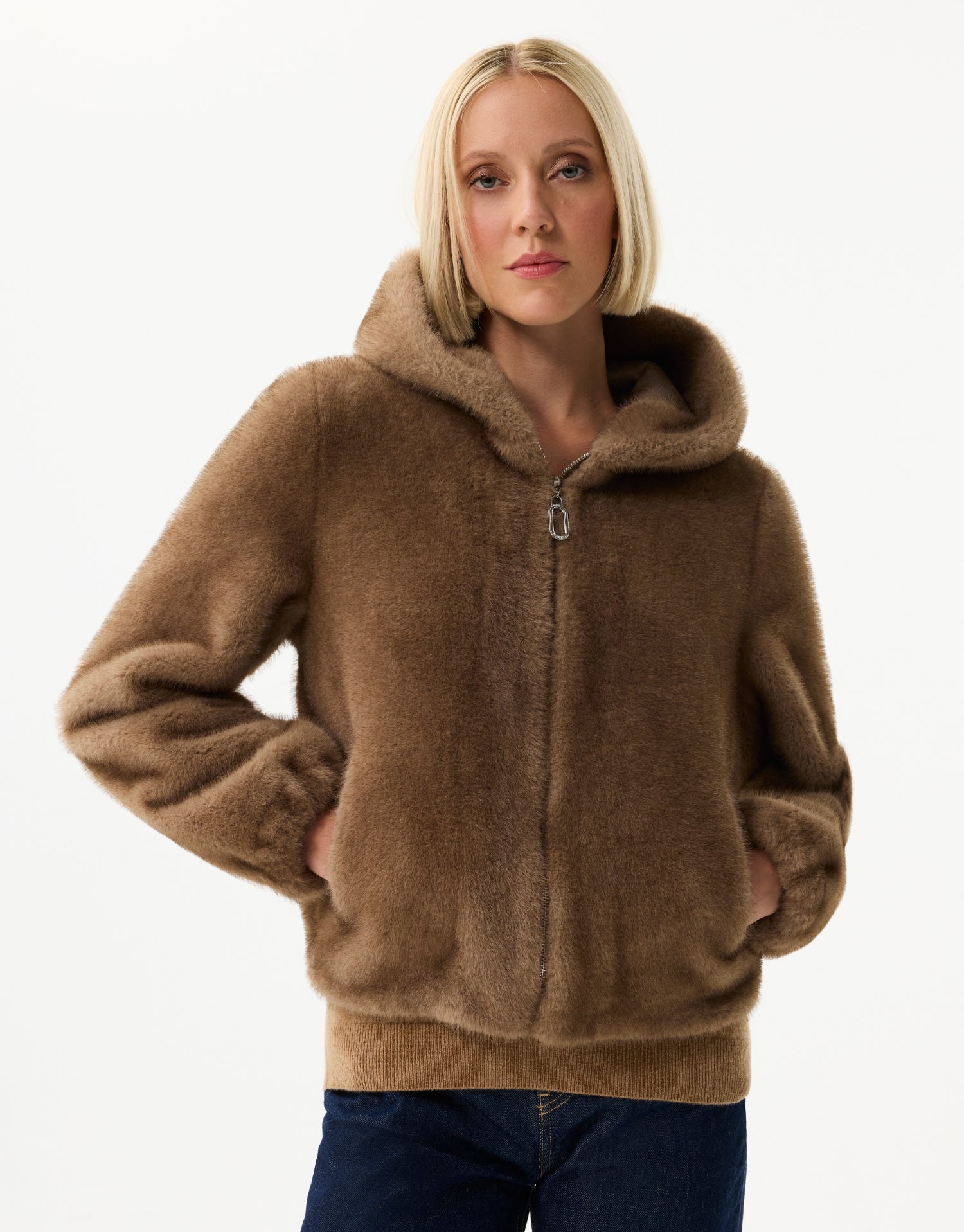 Veste à capuche en fausse fourrure camel