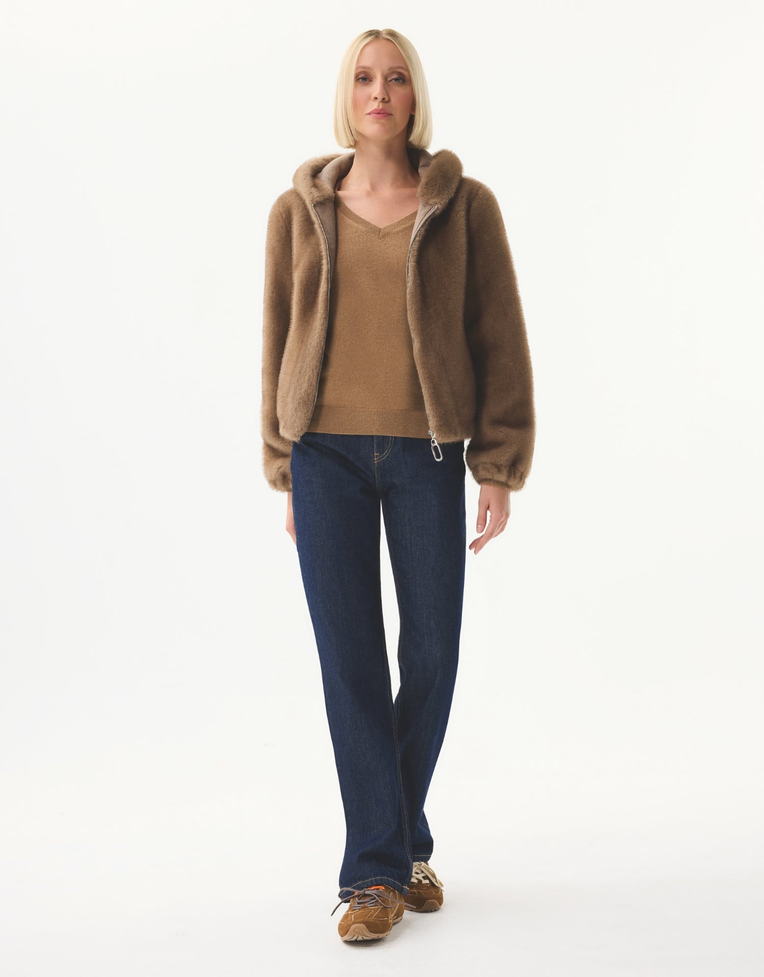 Veste à capuche en fausse fourrure camel