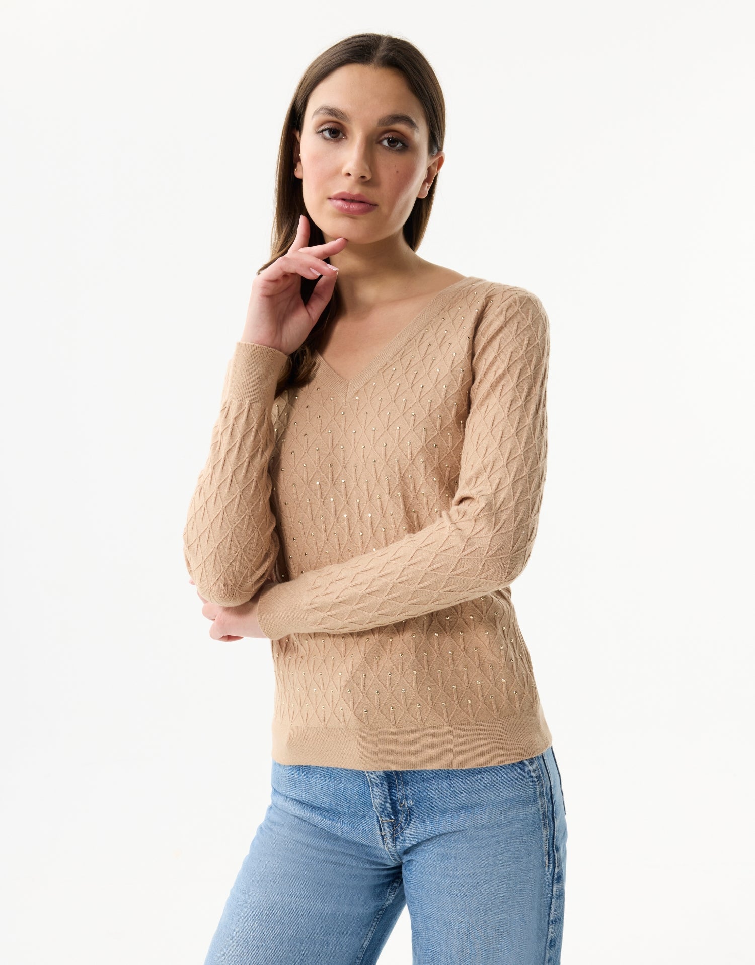 Women's openwork knit V-neck sweater with rhinestones