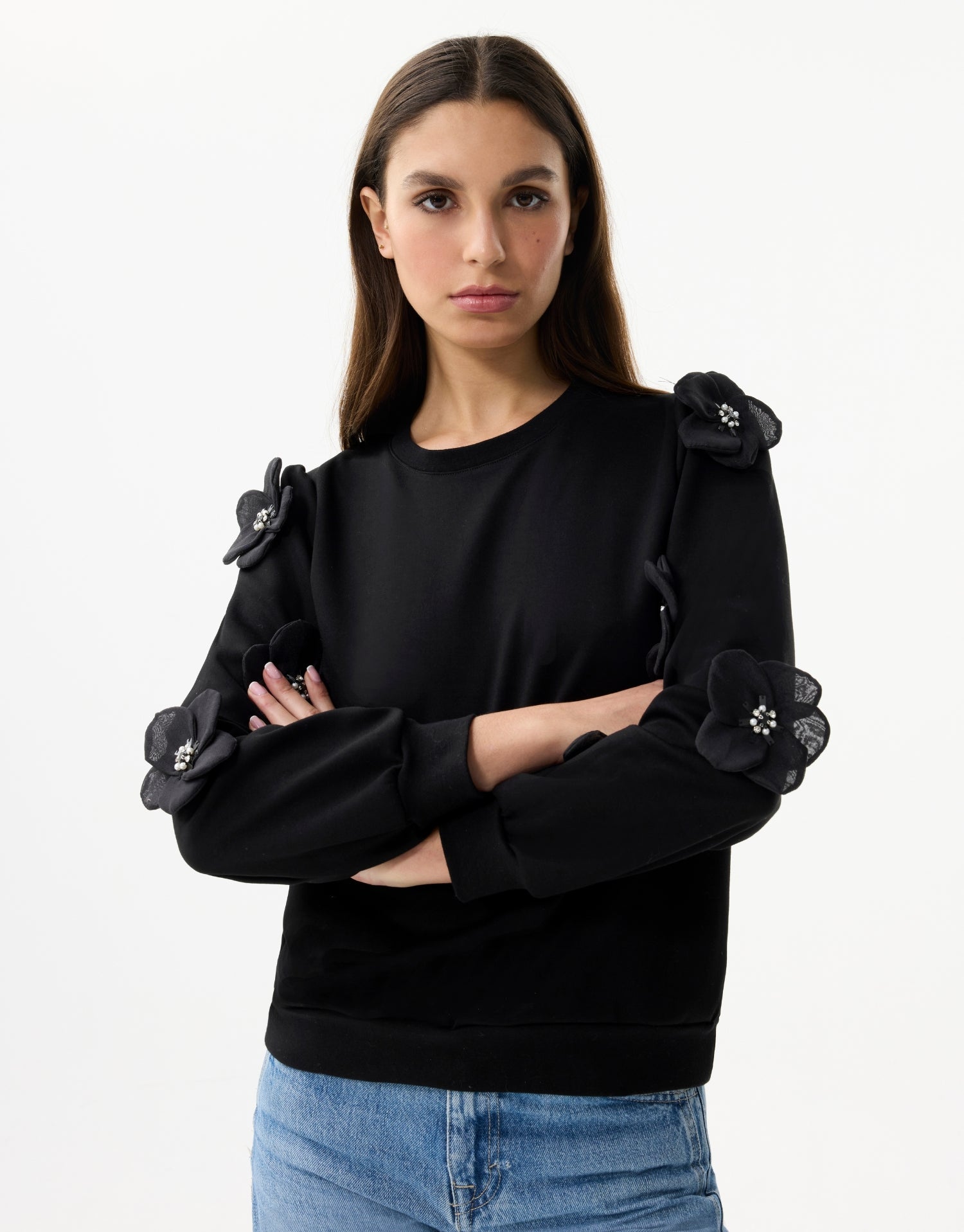 Black floral embossed women's sweatshirt