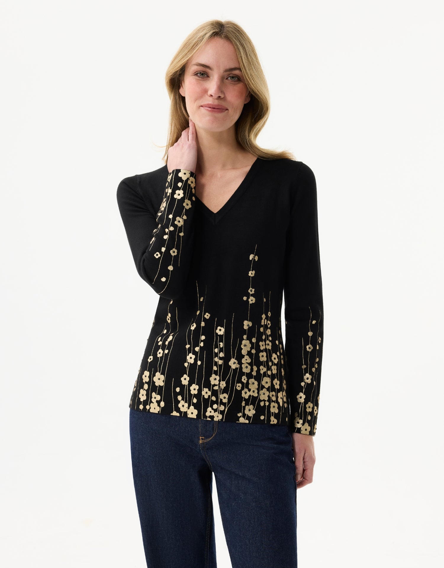 Women's V-neck sparkling floral pattern top