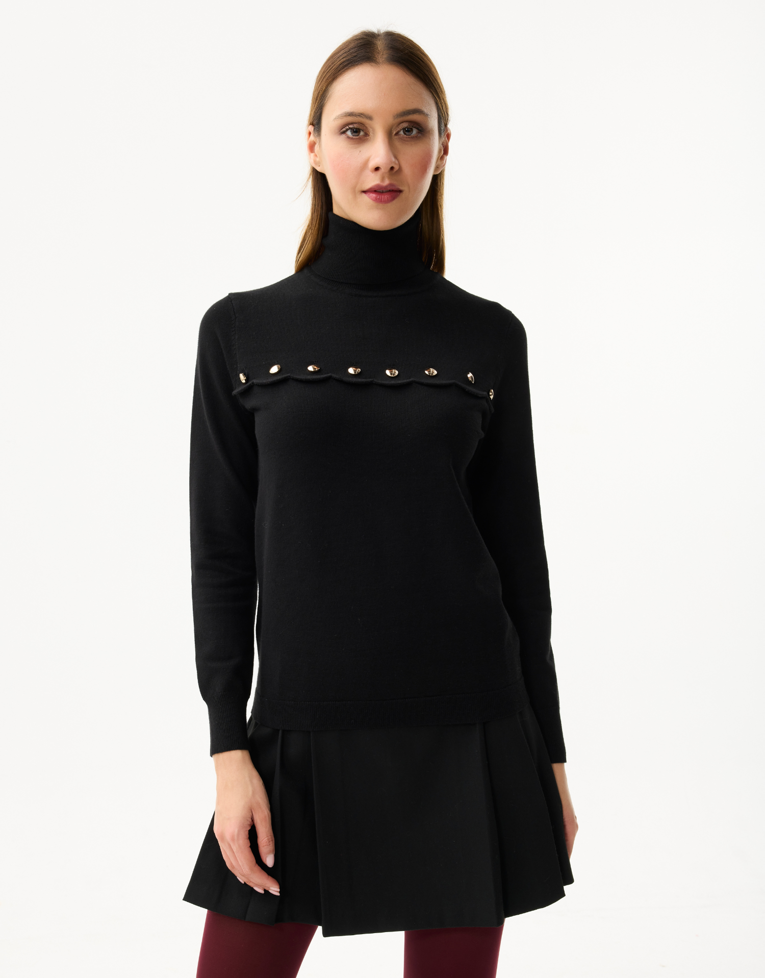 Women's turtleneck sweater with scalloped details and golden buttons