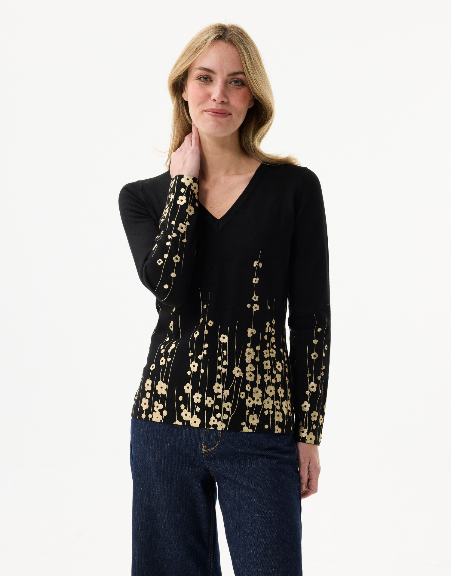 Women's V-neck sparkling floral pattern top