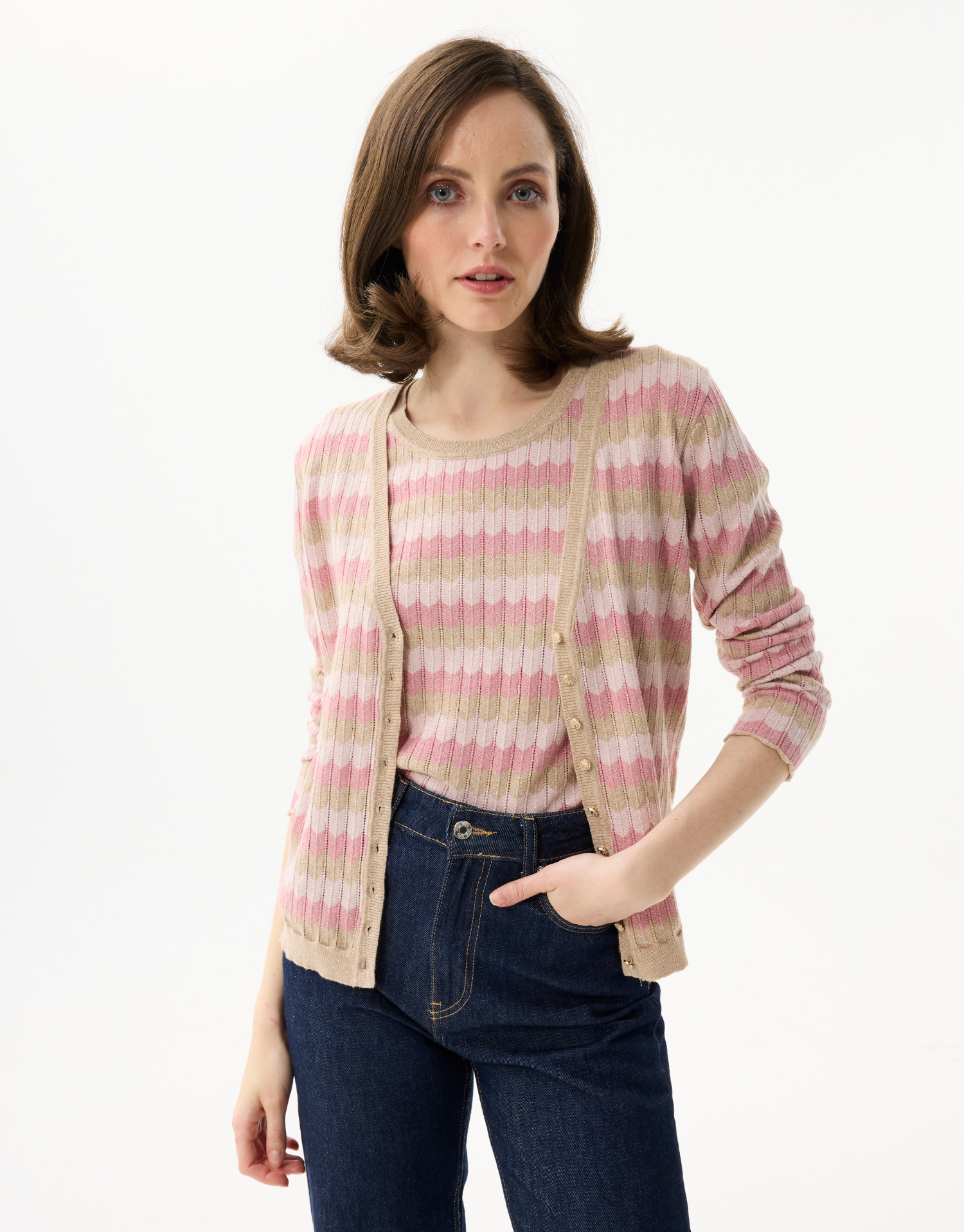 Women's striped twin-set in sparkling knit