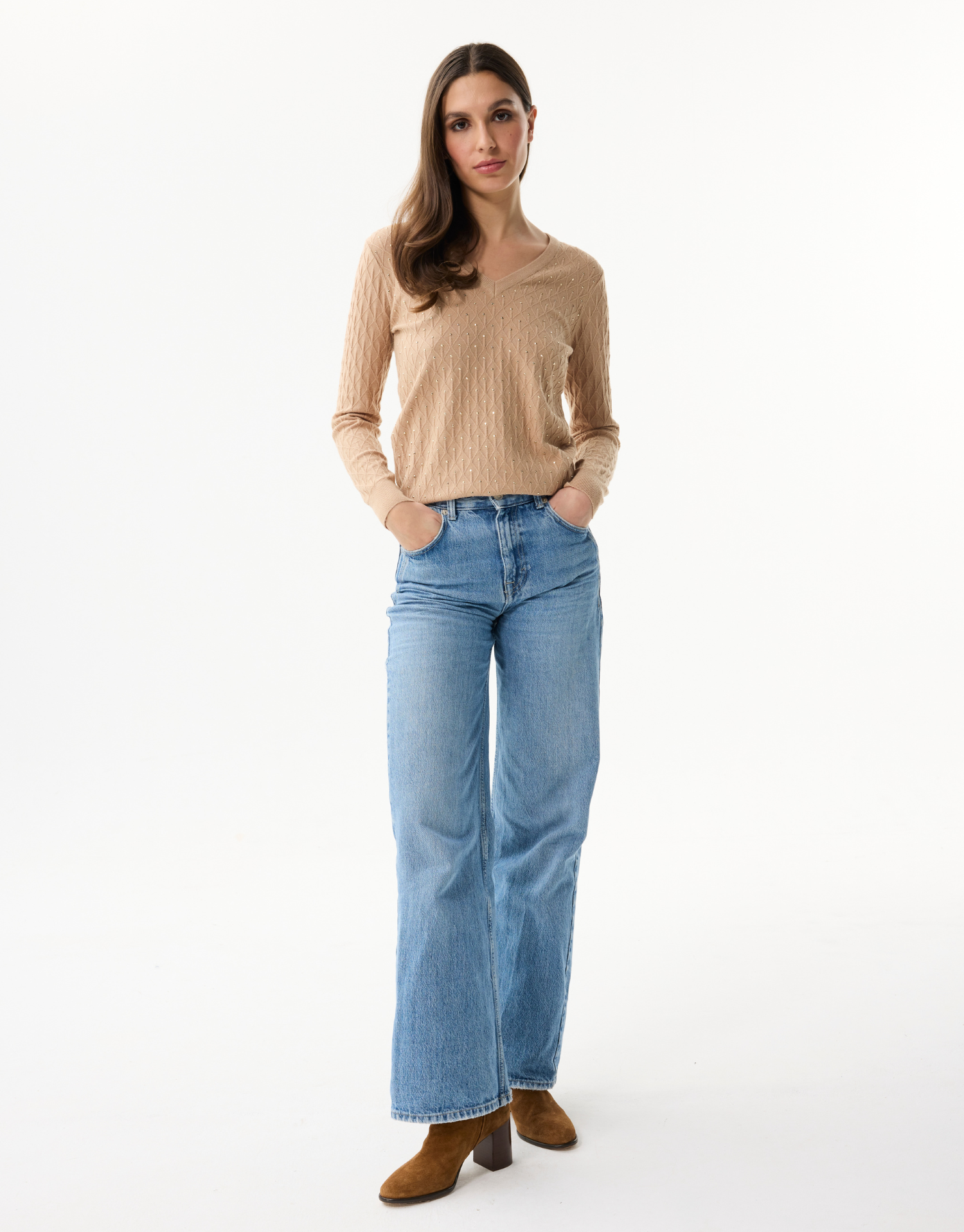 Women's openwork knit V-neck sweater with rhinestones